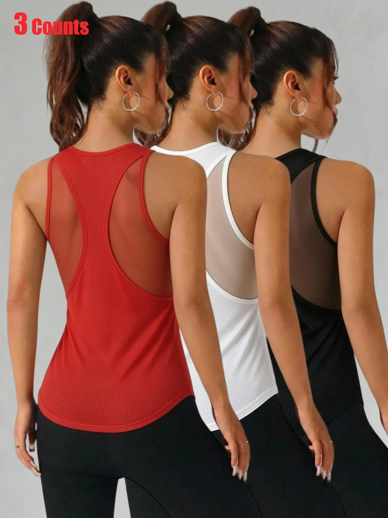 3 Pack Women Solid Mesh Panel Racerback Workout Tank Tops, Breathable Quick Dry Curved Hem Sleeveless Athletic Shirts for Yoga, Gym Training & Running, Mesh Athleisure