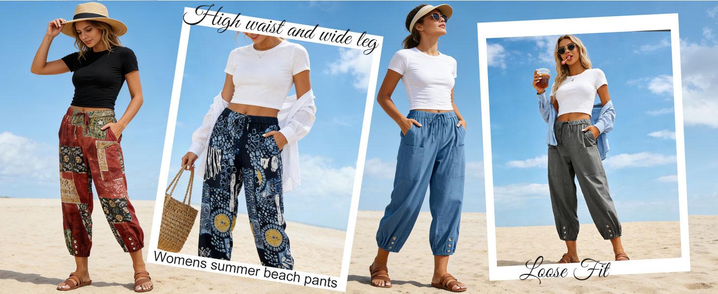 Women's Casual Lantern Tapered Harem Pants Loose Fit Style Flax Ankle Trousers Summer Baggy Slacks with Pocket bottoms outfits