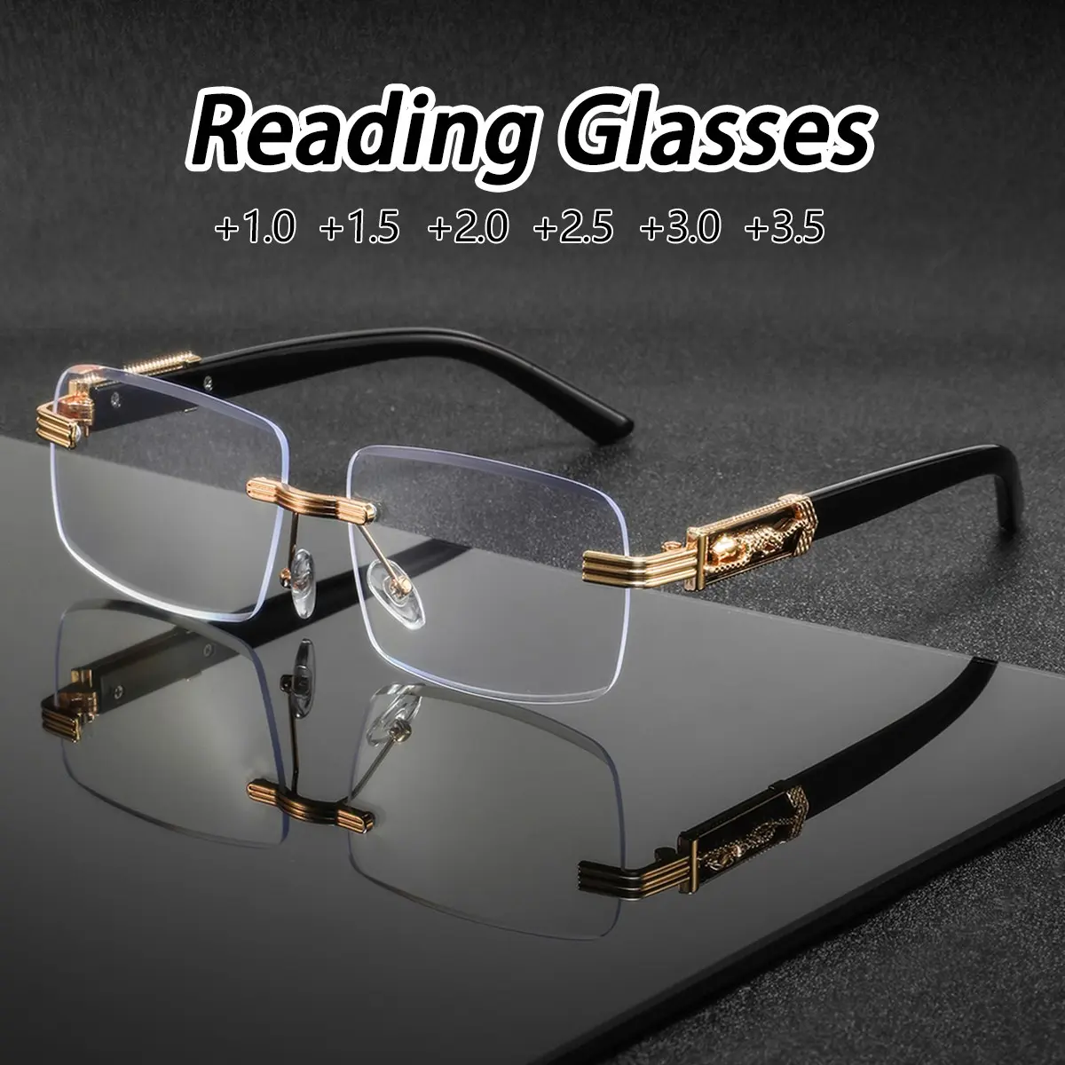 Men's Metal Square Frameless Leopard Temple Decor, High-End Vintage Fashion Reading Eyeglasses, Stylish Retro Eyewear for Men, Fashionable Frames Glasses