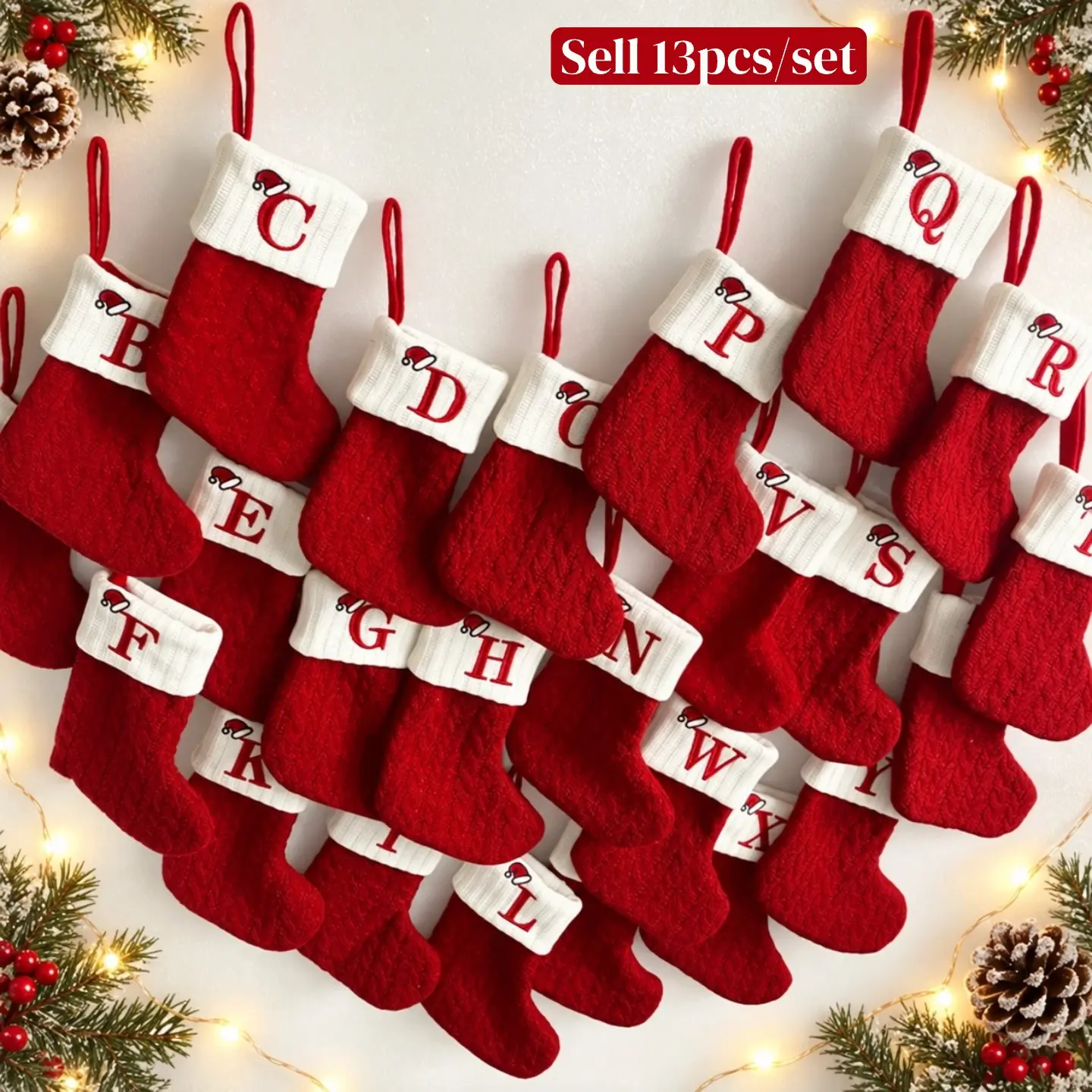 Letter Christmas Stocking, 13pcs Knitted Mini Stocking Hanging Ornament, Personalized Initial Design Xmas Tree Decor, Holiday Party Decoration for Home Family, Festive Home Decoration