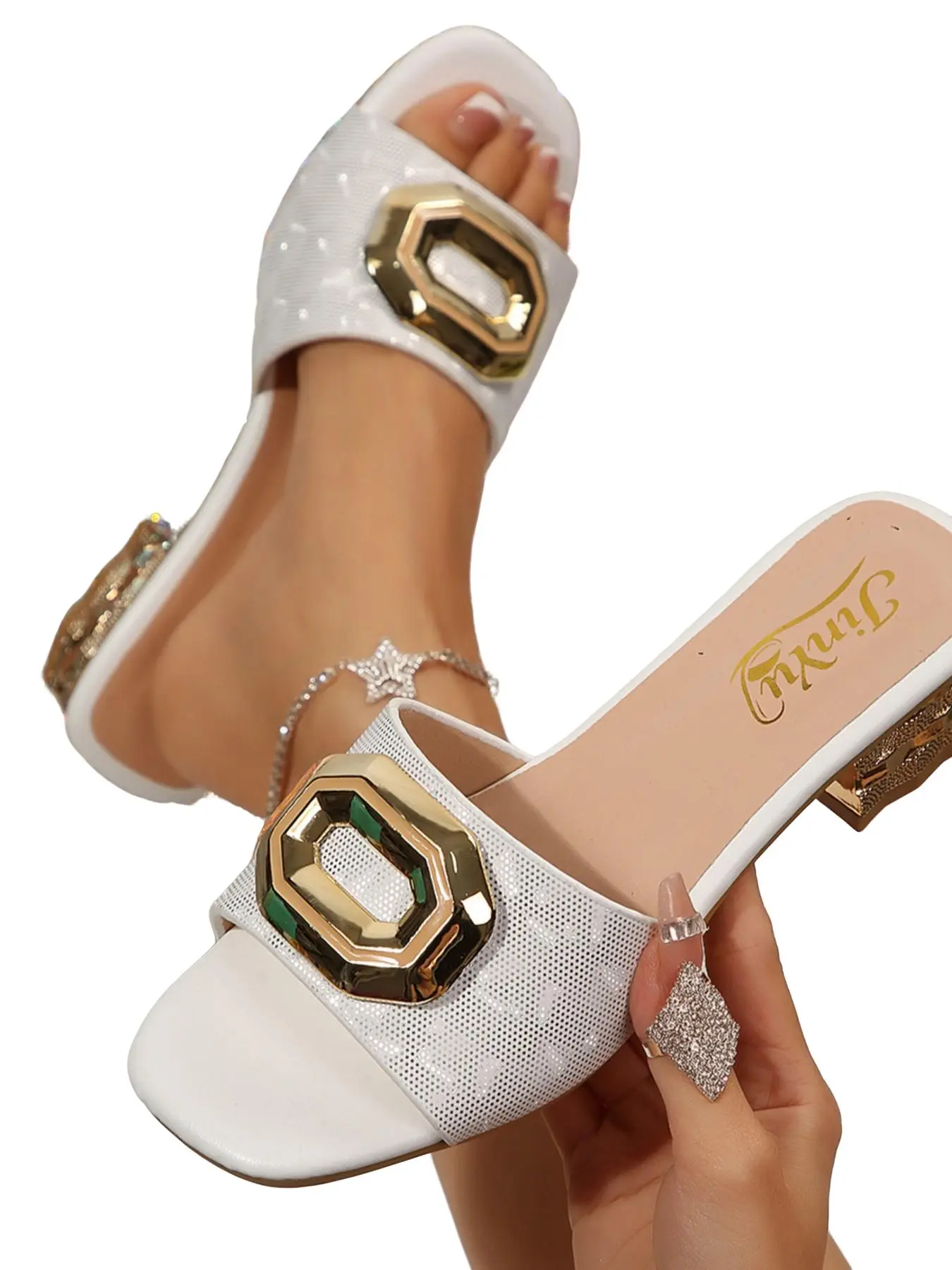 Metallic Octagon Buckle Chunky Heel Sandals, Wood Grain Square Heel, Stylish Outdoor Slip-On Shoes, Perfect for Vacations and Shopping