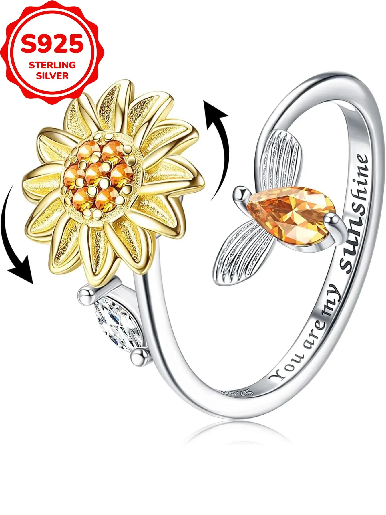 1 Pc S925 Silver Fidget Anxiety Ring for Women Girls Spinner Fidget Rings for Anxiety Open Adjustable Ring Sunflower Ring Promise Wedding Engagement Ring Jewellery Gift