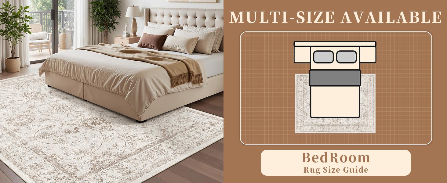 Washable 6x9 Area Rugs for Living Room, Vintage Natural Rug with Non-Slip Backing, Soft Stain Resistant Throw Rugs Thin Carpet for Bedroom Dining Room Farmhouse (6 x 9, Brown/Ivory)