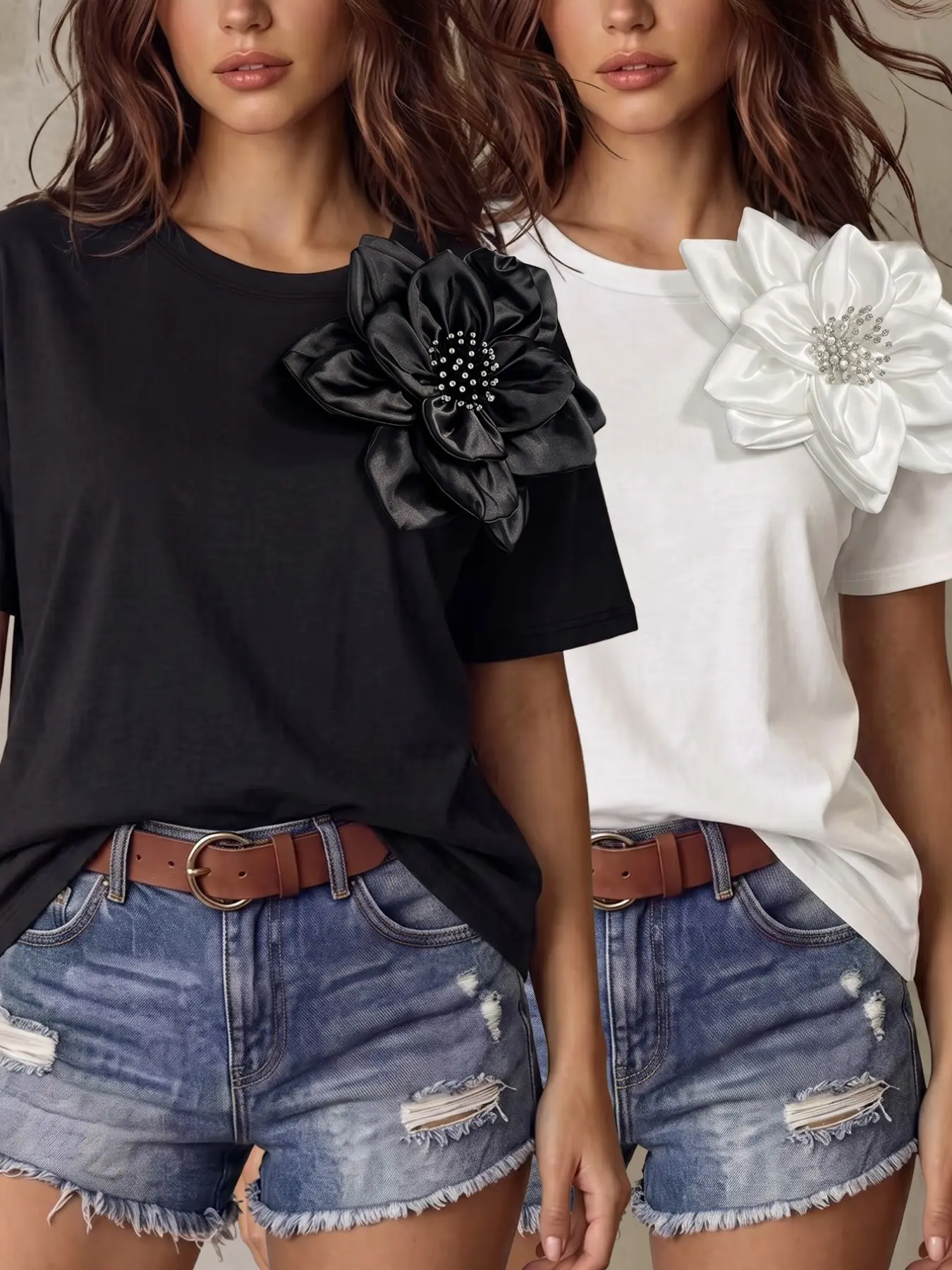 2PCS 3D pearl flower Floral casual fashion daily short sleeved spring/summer women's T-shirt two-piece set