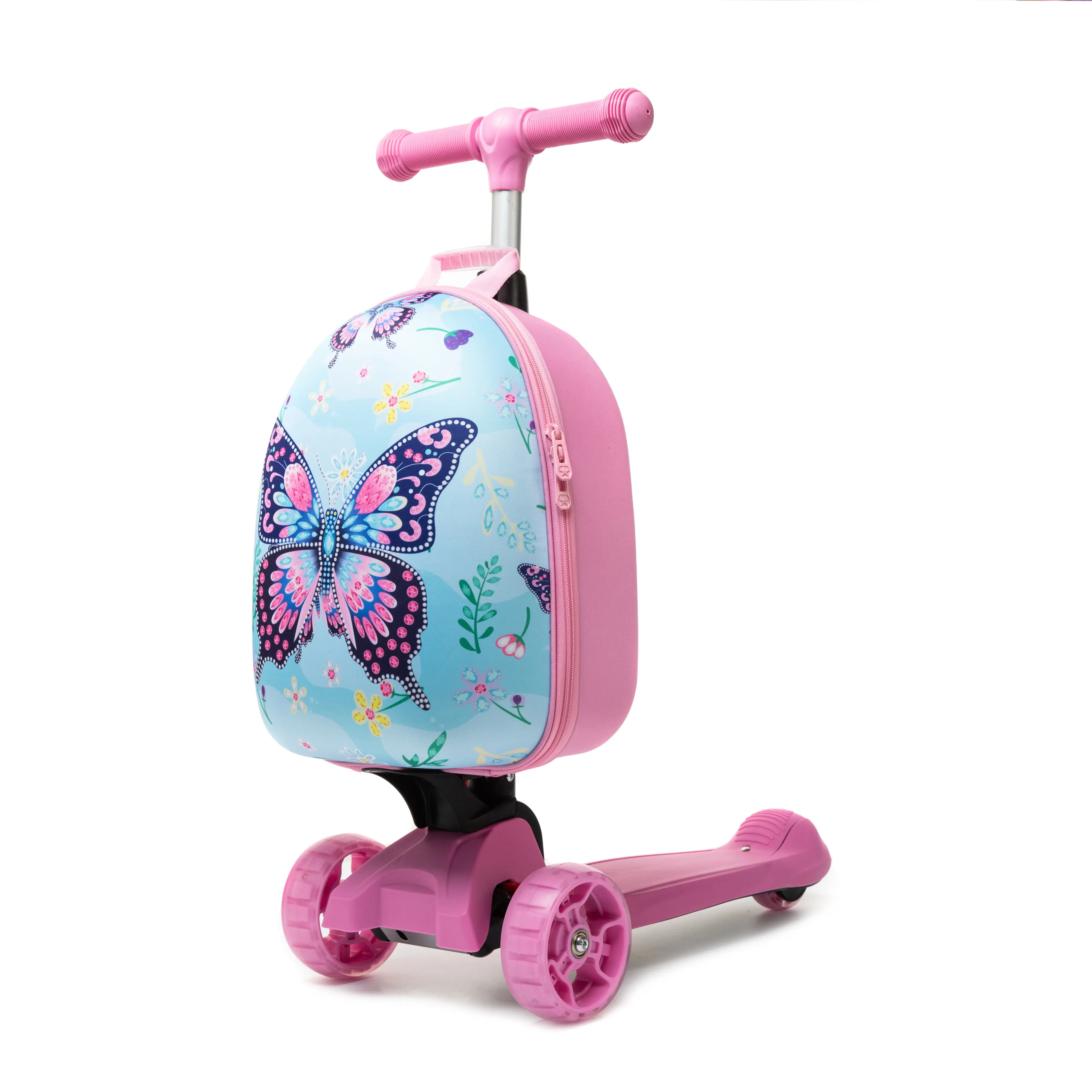 Kids' Scooter Luggage, 2-in-1 Butterfly Print Ride-on Suitcase with Foldable 3-Wheel Design, Hard Shell for Girls' Travel, Polyester, 3 Wheels