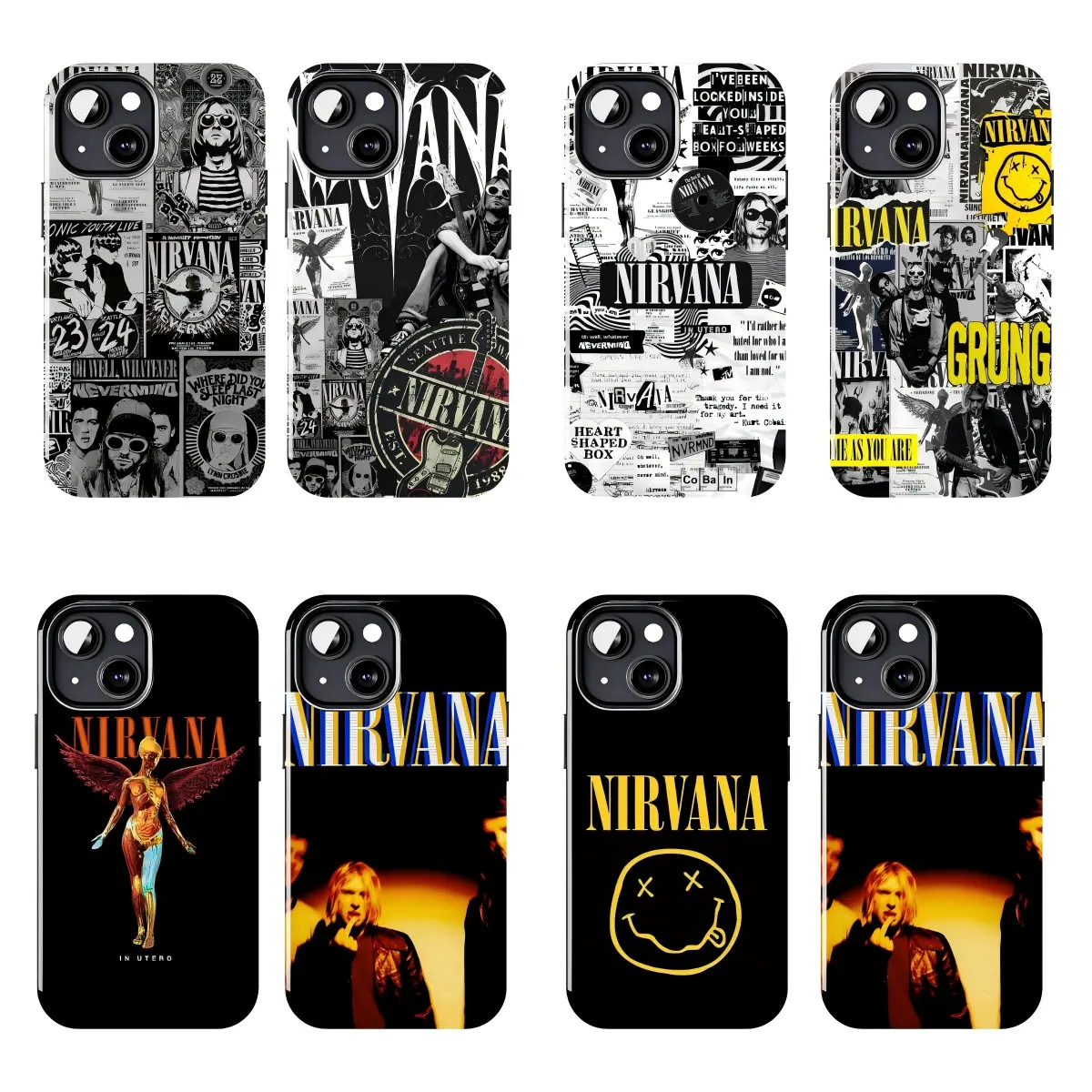 Nirvana Phone Case – Grunge rock band theme (featuring elements such as Kurt Cobain, *In Utero*, *Nevermind*, and the smiley face logo); shock-resistant protective case compatible with iPhone 11–17 Pro Max/Plus series and Samsung Galaxy S23–S25 series.