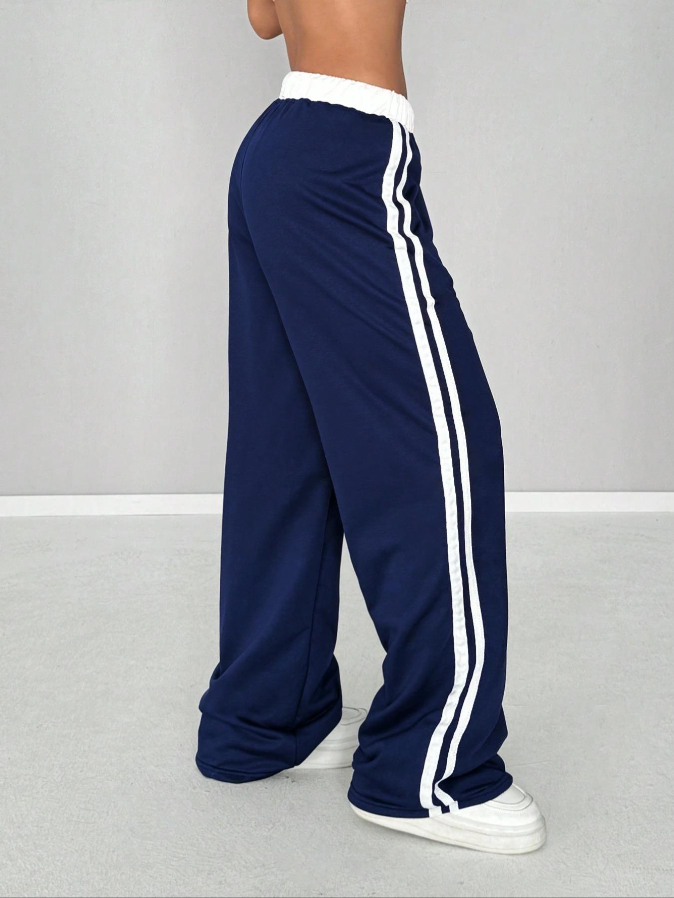 Women's Knitted Casual Fleece Color Block Wide Leg Pants with Elastic Waist and Tie, Perfect for Daily Wear, Casual Loose Pants