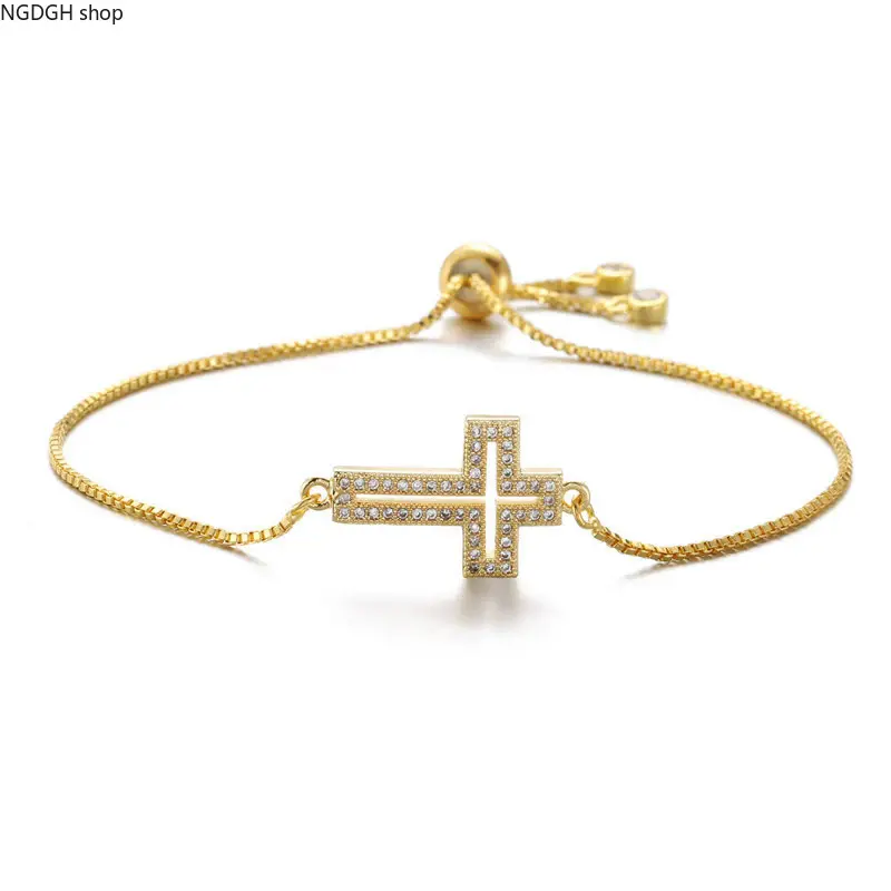 Gold CZ Cross Bracelet Women - Trendy Dainty Faith Cross Pavé Adjustable Chain, Sparkling Delicate Religious Jewelry, Lightweight Hypoallergenic Design Perfect for Daily Wear Prayer Devotion & Minimalist Everyday Glam