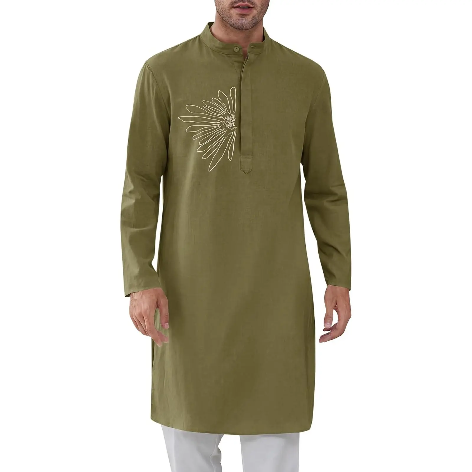 Runcati Mens Kaftan Thobe Casual Henley Shirt Long Sleeve Robe Embroidered Muslim Gown Shirts