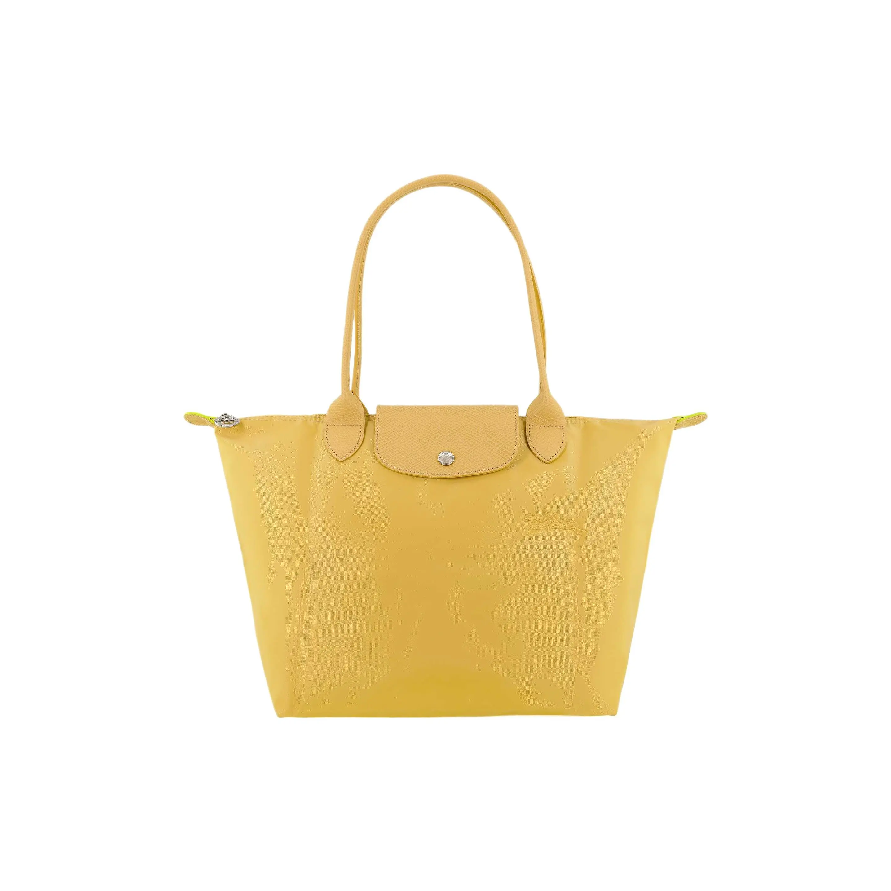Longchamp Le Pliage Green 28 Embroidered Logo Flap Zip Top Handle and Crossbody Bag for Women, Wheat Yellow, Nylon