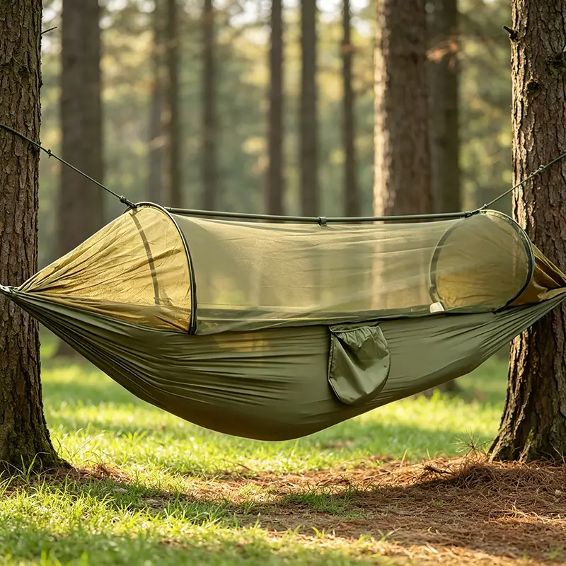 Automatic Quick-Set Mosquito Net Hammock for Outdoor Single/Double Nylon Camping with Support Poles, Anti-Mosquito Hammock with 396 LB Load Capacity