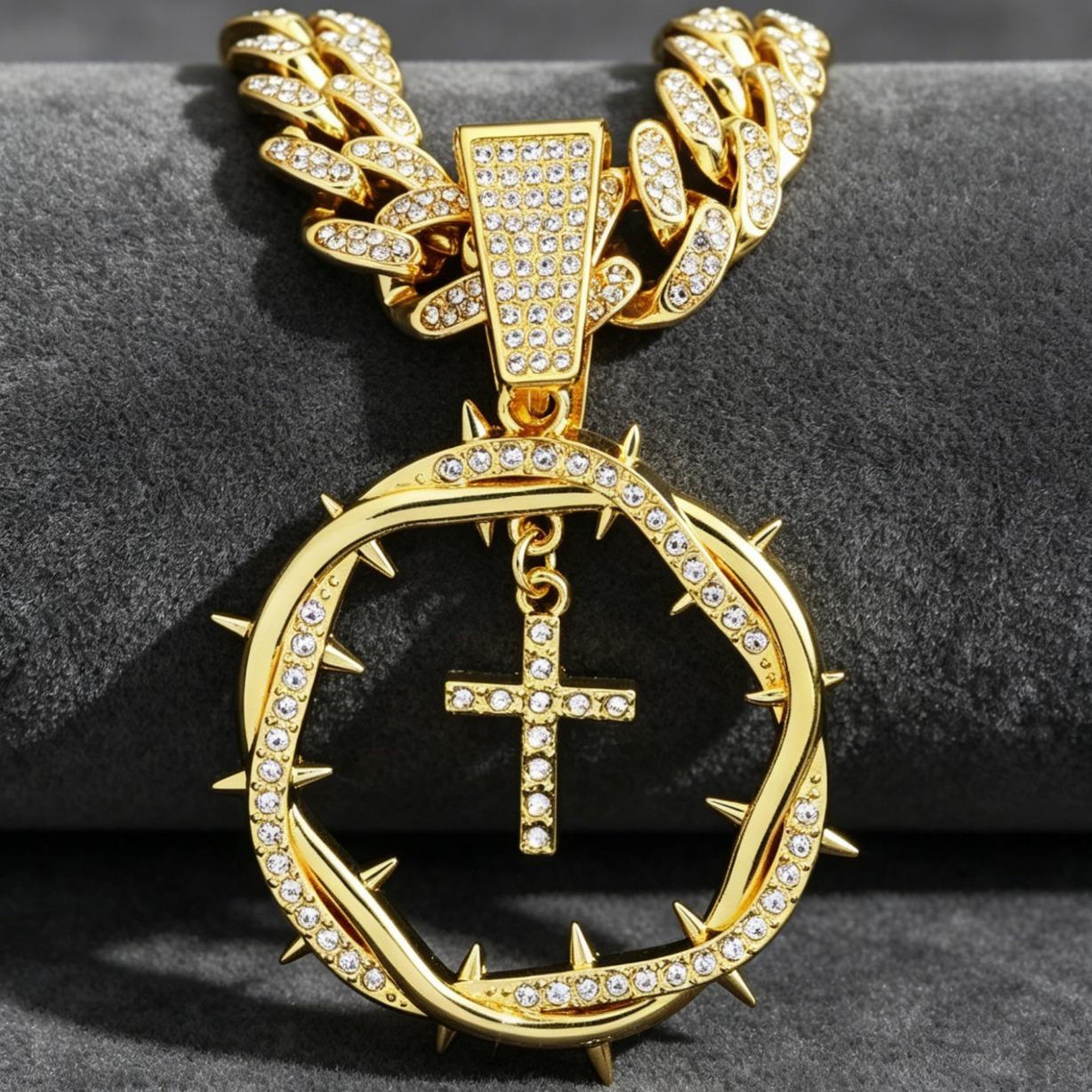 Iced Out Cross Pendant Necklace Moissanite 18K Gold Plated Miami Cuban Chain Hip Hop Jewelry Unisex Gift for Men Women