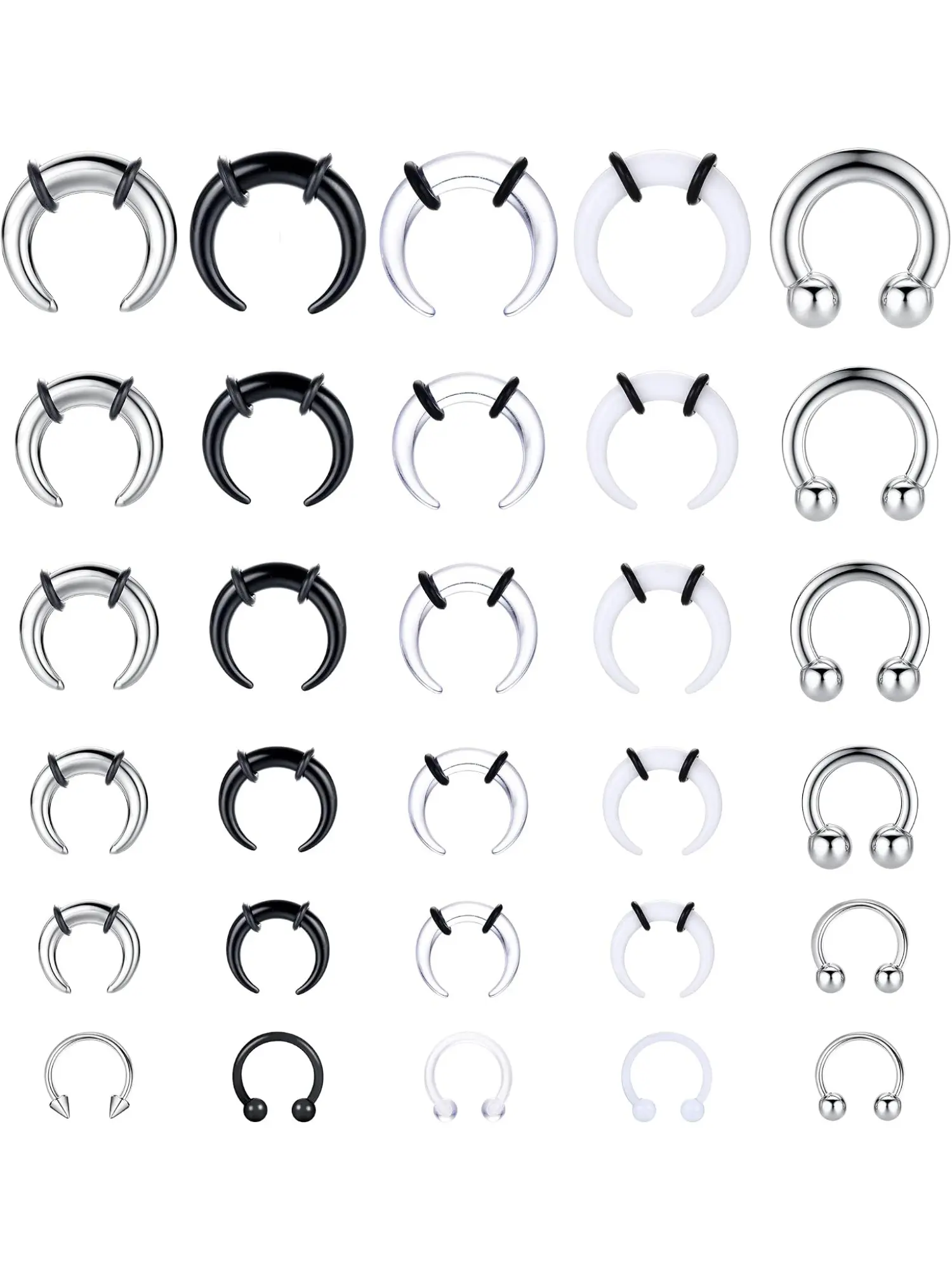 30 Pcs 16G-6G Horseshoe Septum Pincher Tapers Rings Acrylic Stainless Steel Internally Threaded Spike Horseshoe Barbells Septum Pincher Nose Ear Cartilage Stretching Kit for Women Men