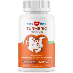 120 Chewable Turmeric Tablets for Dogs, Anti Inflammatory Pain Relief & Hip & Joint Support with Curcumin and BioPerine