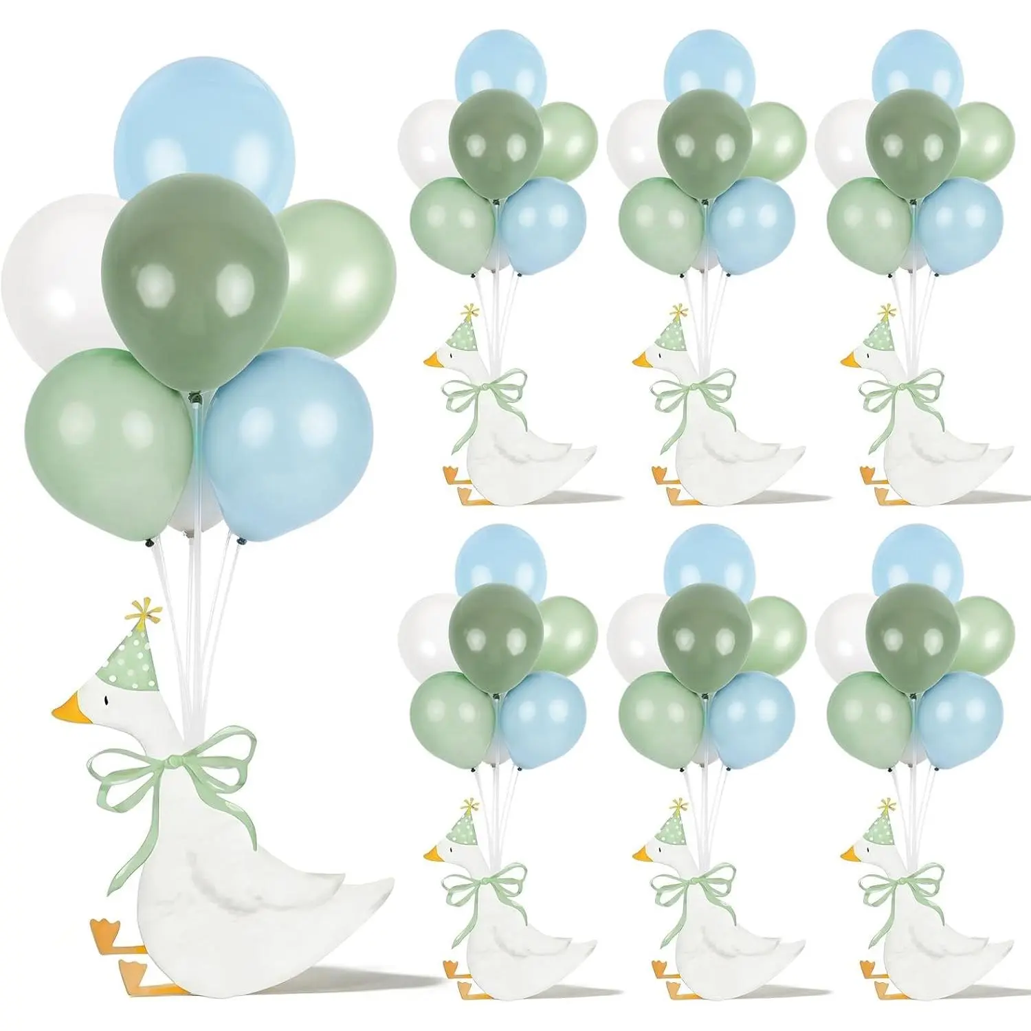 6-Set Cartoon Silly Goose Party Supplies Kit - Plastic Photo Centerpiece, Blue & Sage Green Balloons, Hat, Gift for 1st Birthday, Baby Shower, Gender Reveal (Boy/Girl) Tabletop Decor