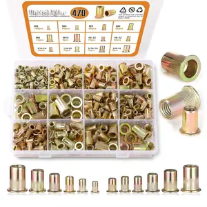 470 count SAE & Metric Rivet Nuts  Kit, Zinc Plated Finish Carbon Steel Rivnut, Galvanized Carbon Steel Flat  Threaded Rivets, #6-32#8-32#10-24 1/4"-20 5/16"-18 3/8"-16 M3 M4 M5 M6 M8 M10, Diy Projects, #10-24 - 50 Count, Appliances, Furniture Assembly