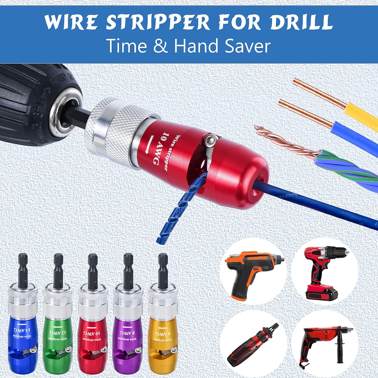 Wire Stripper for Drill,  Standard Electric Wire Stripper Tool for Drill, Wire Strippers for 6/8/10/12/14 AWG, Wire Stripping and Twisting Tool Set