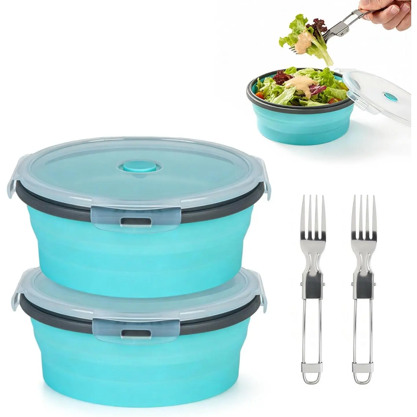 Collapsible Silicone Camping Bowl with Lid and Fork, 42oz Foldable Food Storage Container with Airtight Lid, Portable Travel Bowl for RV, Hiking, Camping and Outdoor Meals