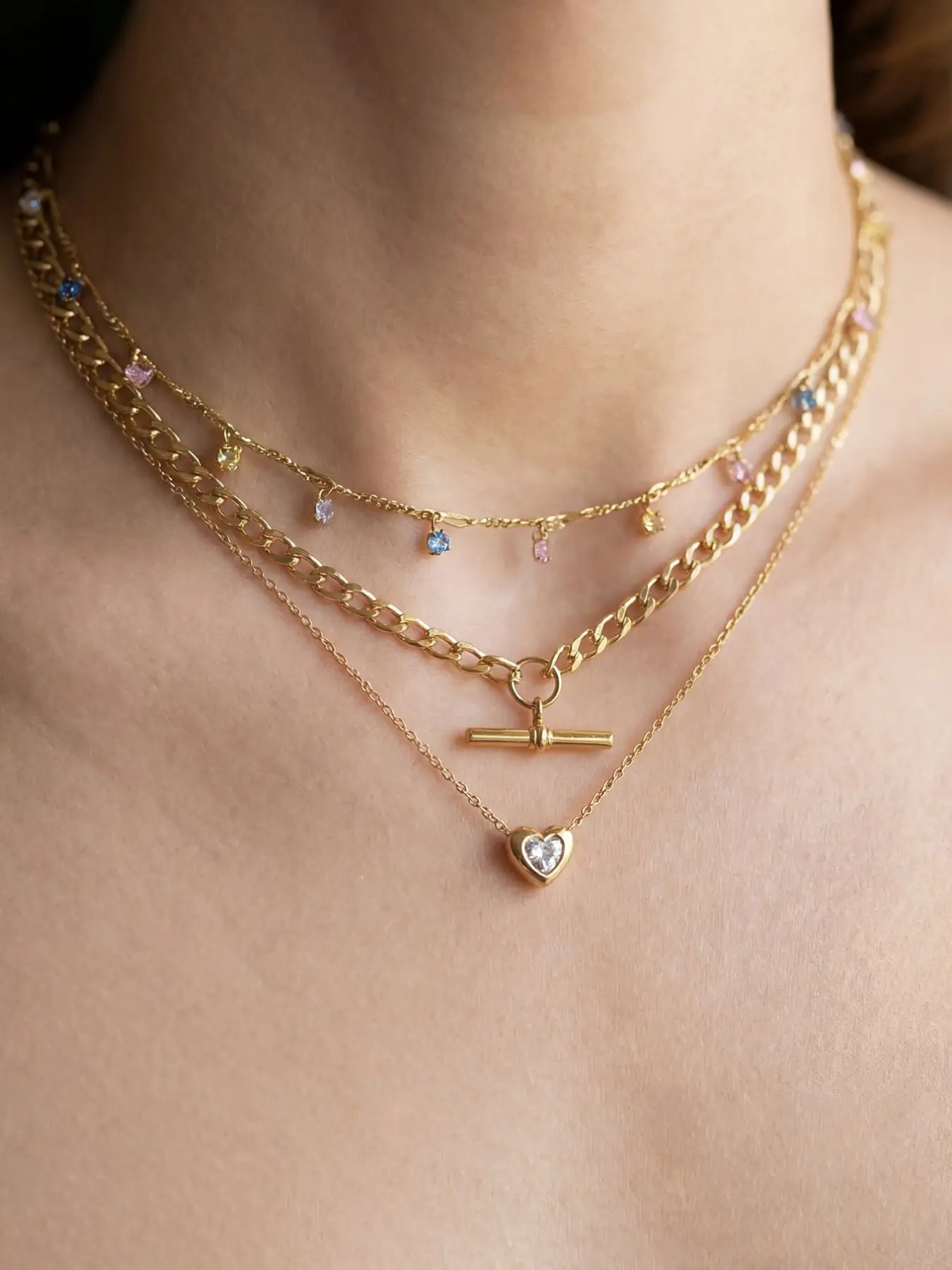 Aesthetic 3‑in‑1 Layered Gold Necklace Set Multicolor Mini Drop Zircon Choker T‑Bar Curb Chain Puffy Heart CZ Pendant Trend Stack Neck Jewelry for Daily Outfit Valentine Christmas Gift