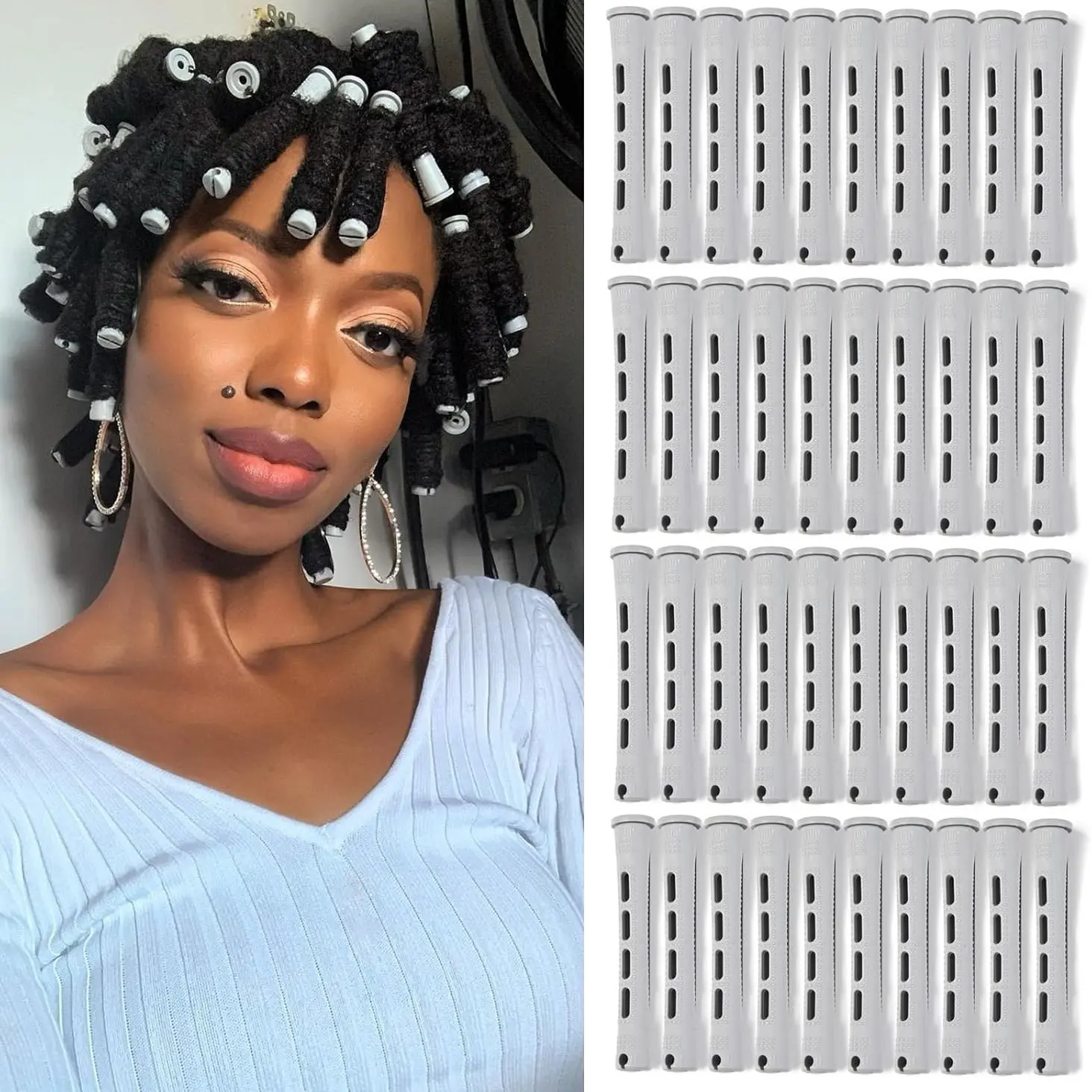 10/20/30/40/50/60PCSHeatless Curling Rods Set with Lid, No Heat Hair Curlers for Soft Bouncy Curls, Reusable Perm Rods for Long Hair, Overnight Curling Rollers, Easy Hair Styling Tools for Women