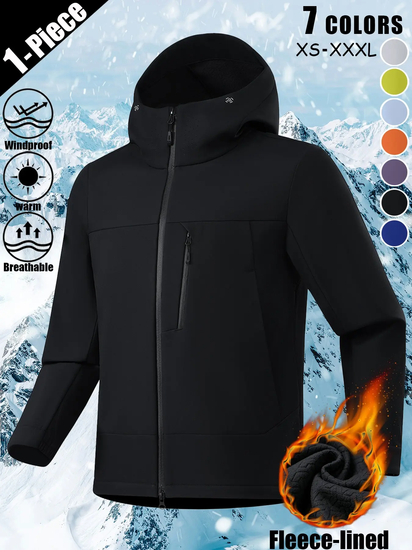 Unisex Comfort Layer: Fleece-Lined Hooded Softshell Jacket Windproof Warm Breathable Full Zip Outdoor Coat Chest Zip Pocket Side Insert Pockets Adjustable Cuffs Lightweight for Daily Commute Hiking Fishing Cycling Mountaineering