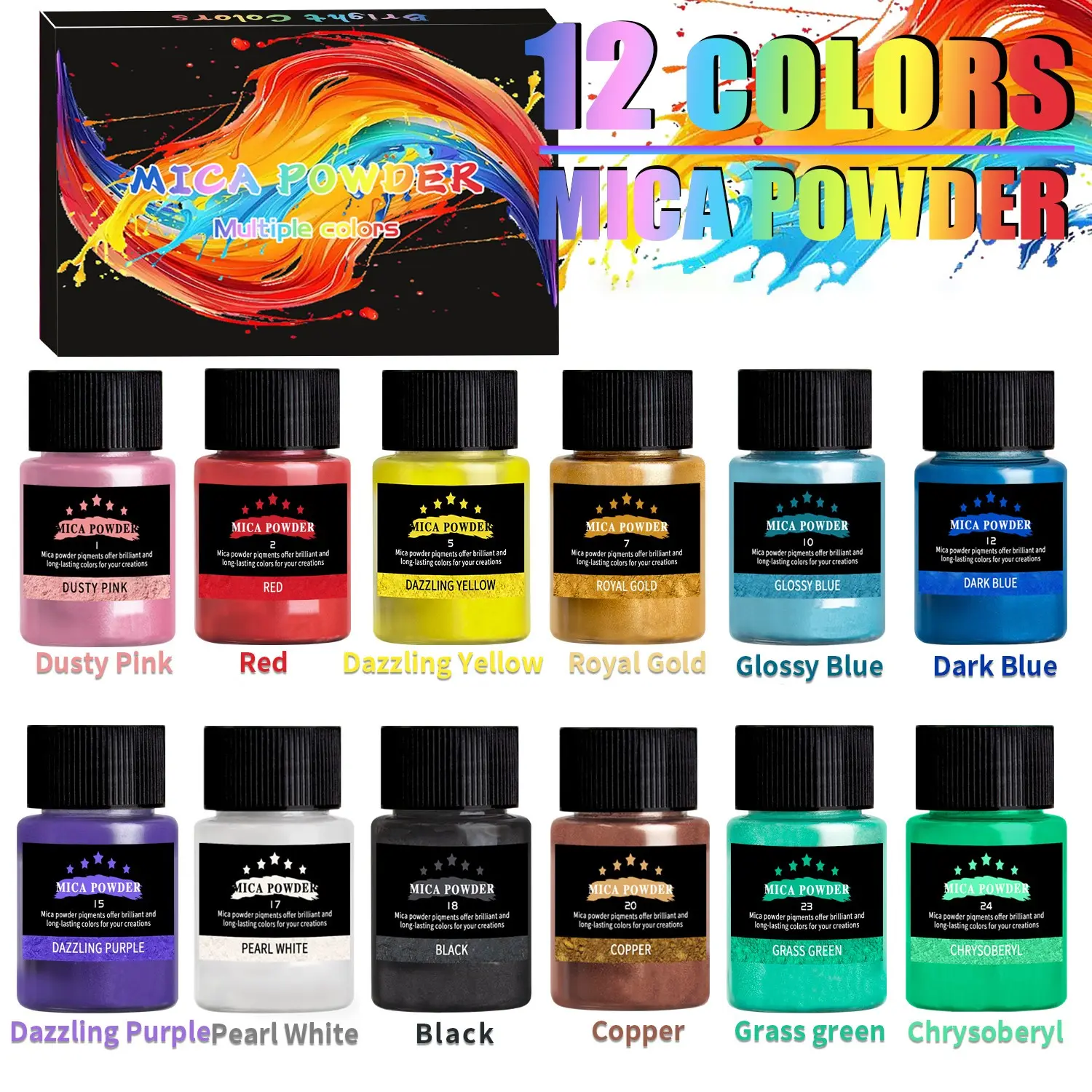 12 Colors Natural Pearlescent Mica Powder Pigment Set, Skin Safe Non-Toxic Shimmer Mineral Dye, DIY Crafts Colorant for Slime, Soap, Bath Bombs, Candle, Paint, Coloring Supplies