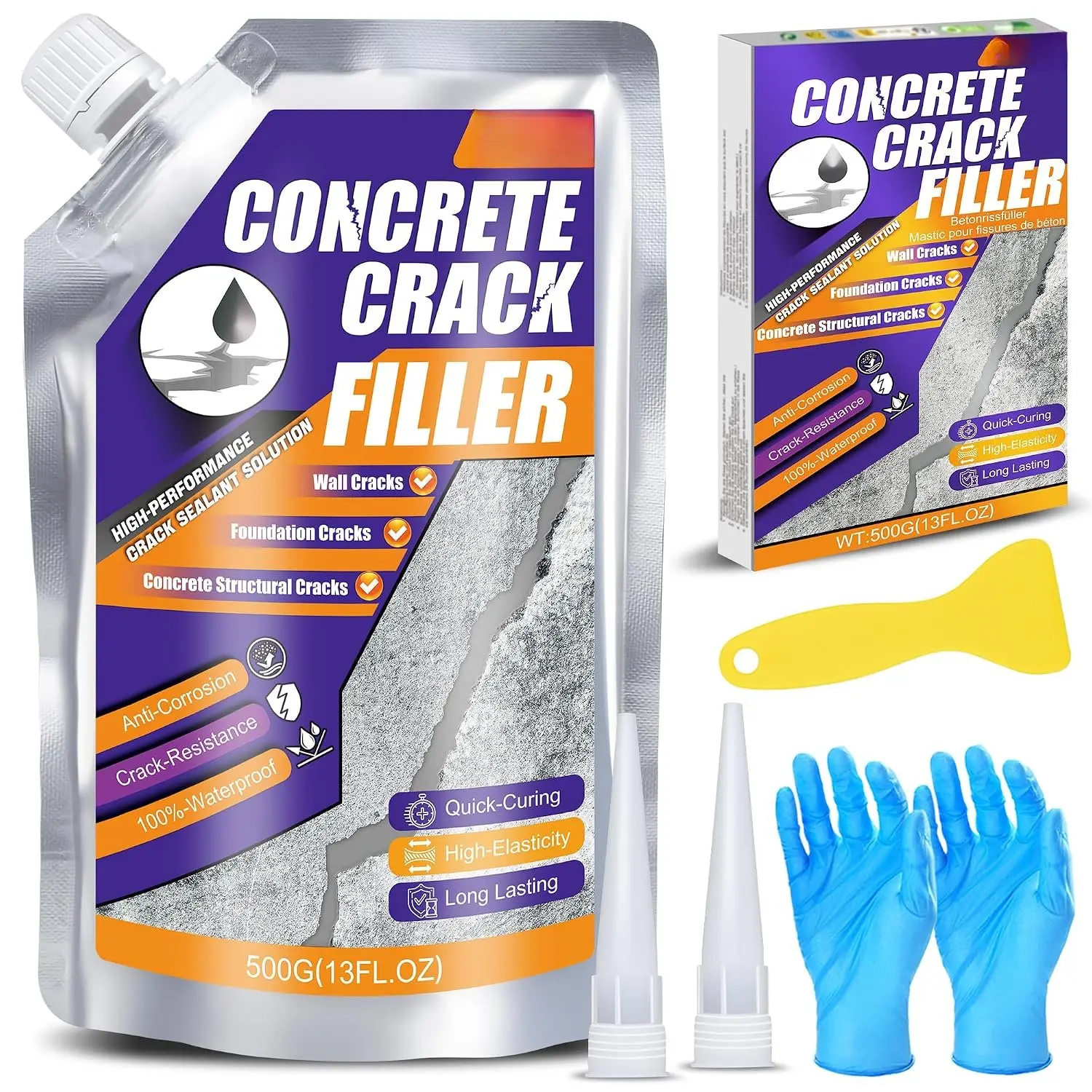 Concrete Crack Filler - 1.1 lb, Gray, High Elasticity Self Leveling Cement Crack Filler for Driveway, Walkway, Wall, Patio, Joint - Easy Repair Solution for Concrete, Asphalt, Mortar, Indoor & Outdoor