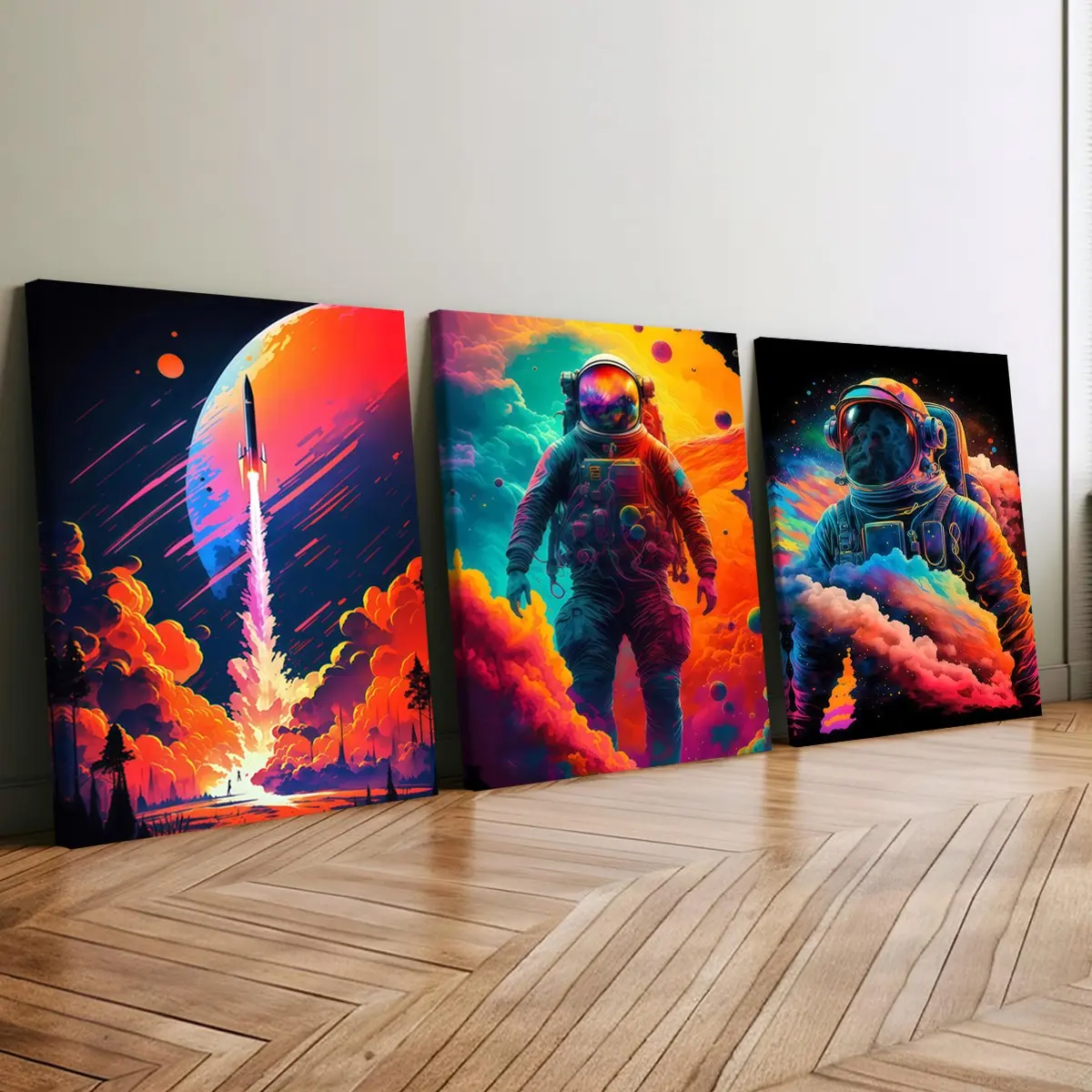 3 count wooden frame canvas, neon space astronaut rocket science fiction triple poster, fashion home decoration, simple modern art hanging pictures, living room, bedroom office wall art, waterproof and tasteless