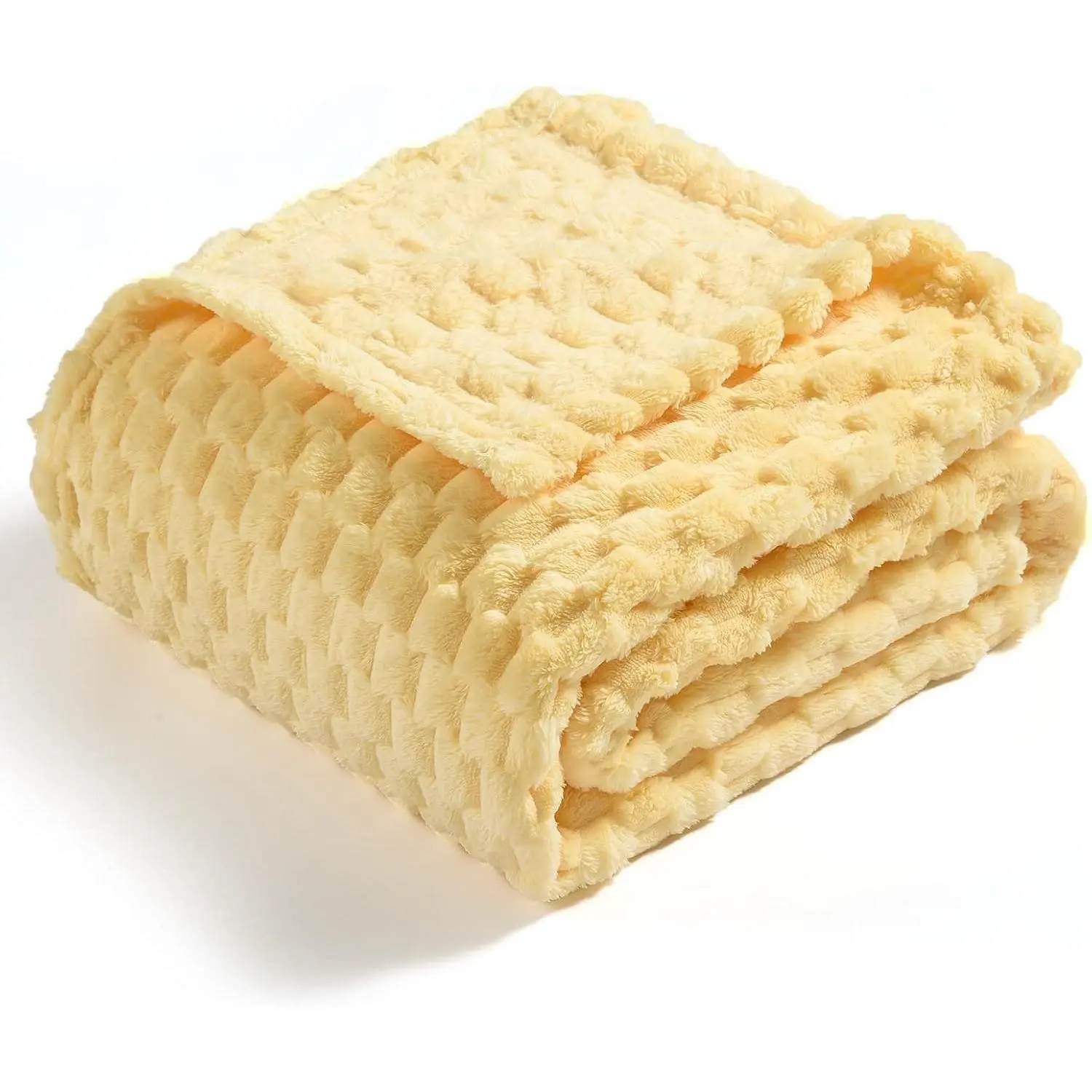 Vessia Flannel Fleece Twin Size Blanket (60x80 Inch), 3D Jacquard Light Yellow 300GSM Super Soft Warm Fuzzy Blanket, Cozy Lightweight for Couch Sofa Bed All Season Home Decor