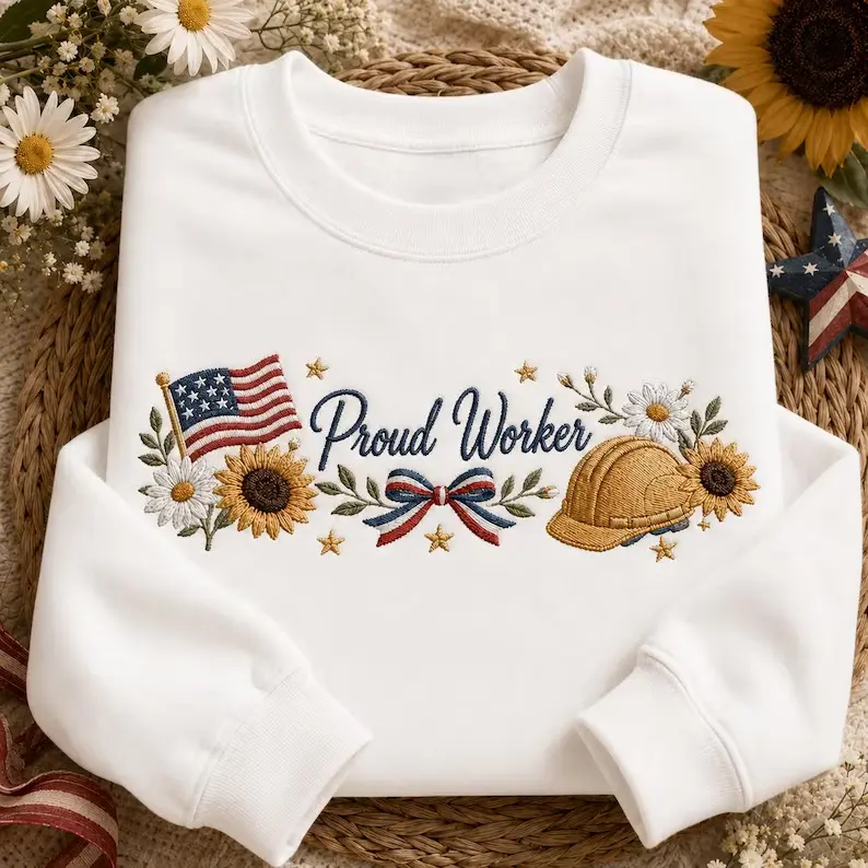 Proud Worker American Flag Graphic Oversized Cotton Crewneck Sweatshirt,Patriotic Labor Printed Craft Sweatshirt,Comfort Long Sleeve Top,Fashion Casual Outfit For Men Women,Great Labor Day & Valentine’s Day Gift For Him Her,Ideal Holiday Present For Famil