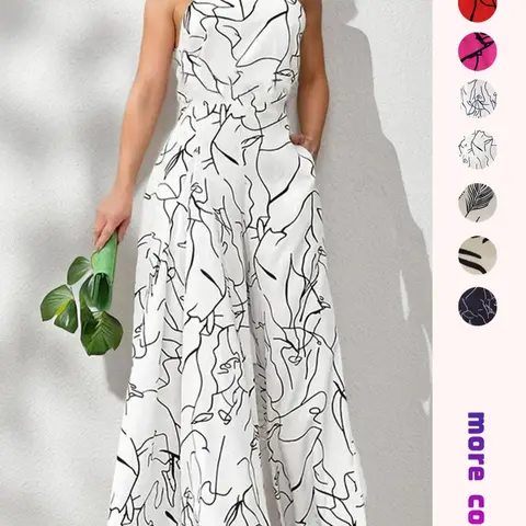 Women's All Over Print Pocket Tie Back Halter Neck Jumpsuit, Casual Sleeveless Wide Leg Fitted Jumpsuit For Summer, Ladies Elegant Fashion Clothes for Beach Holiday Vacation, Chic Casual Jumpsuit