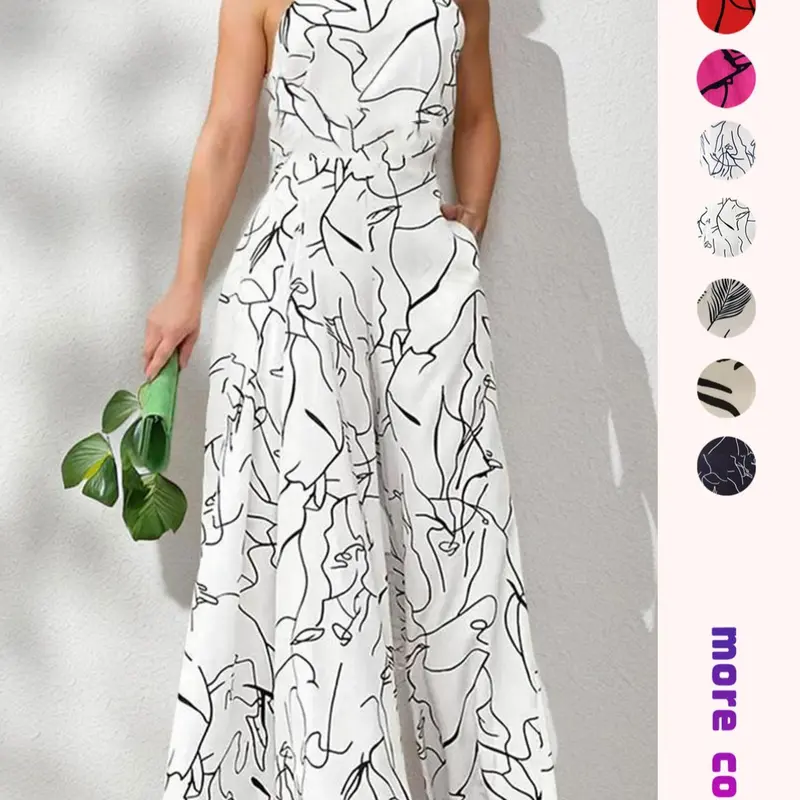 Women's All Over Print Pocket Tie Back Halter Neck Jumpsuit, Casual Sleeveless Wide Leg Fitted Jumpsuit For Summer, Ladies Elegant Fashion Clothes for Beach Holiday Vacation, Chic Casual Jumpsuit
