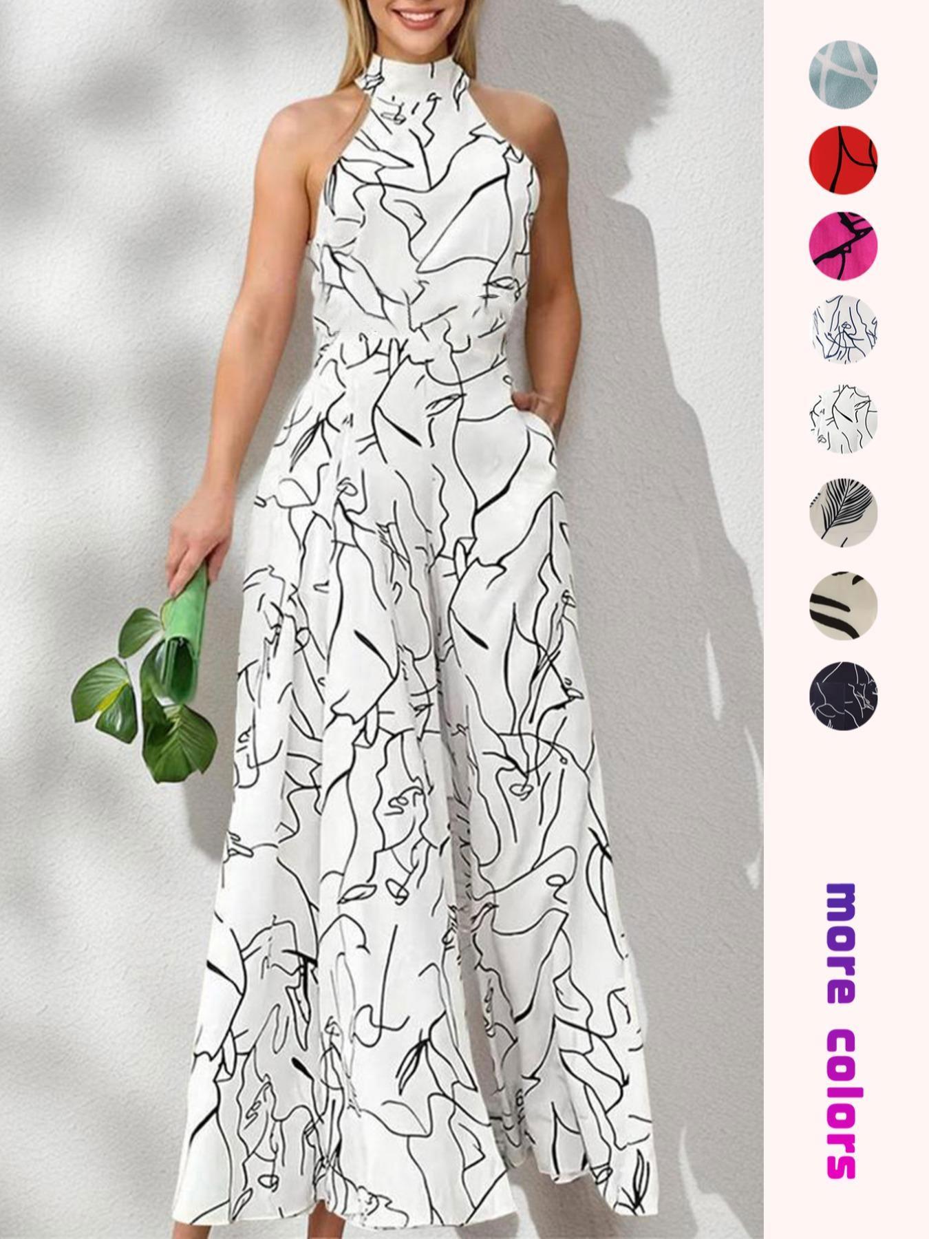Women's All Over Print Pocket Tie Back Halter, Casual Sleeveless Wide Leg Elegant Fashion Jumpsuit For Summer, Fashion Ladies Clothes For Beach Holiday Vacation