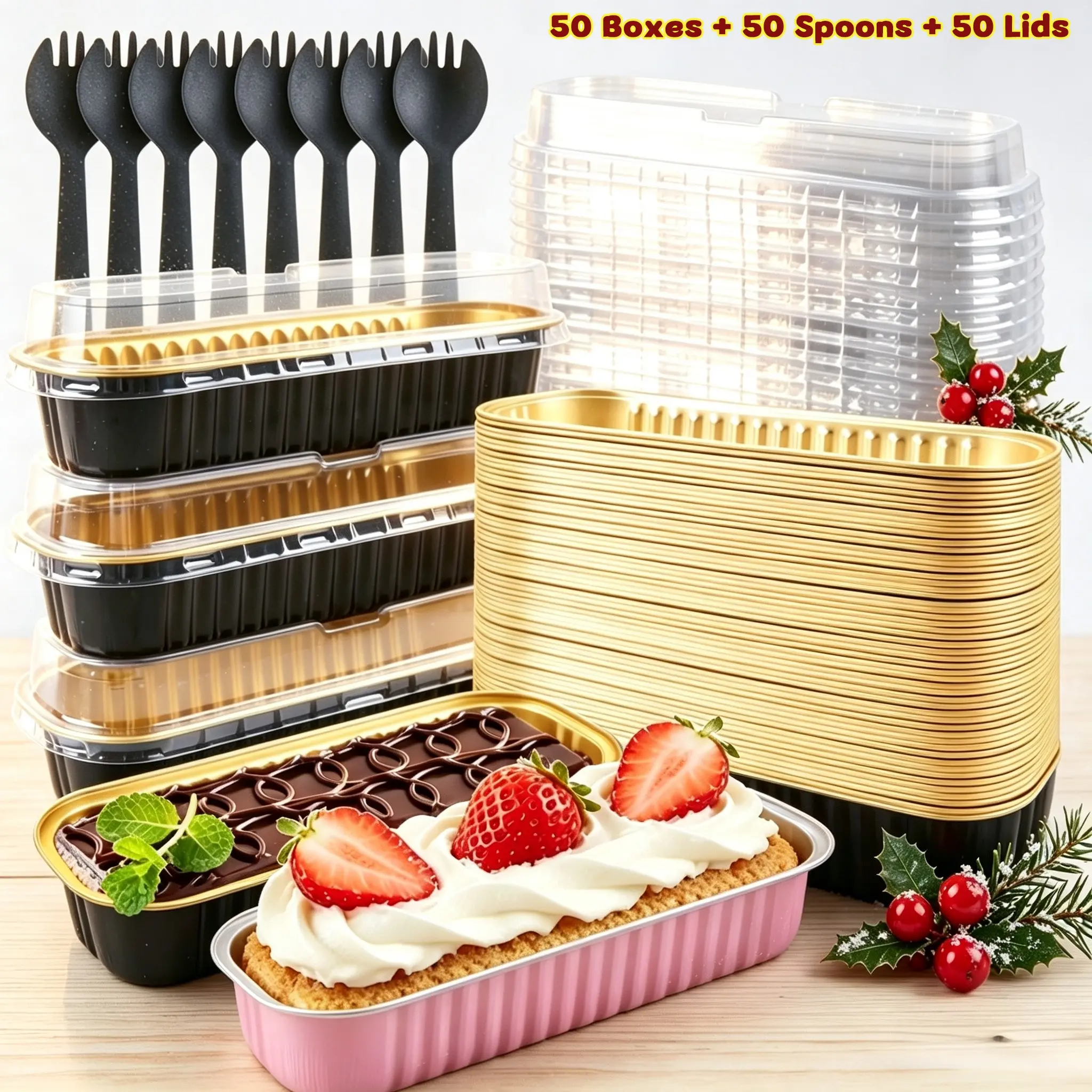 50 Pack Rectangular Aluminum Foil Mini Cake Pans with Matching Lids & Spoons, 6.8oz Disposable Baking Containers, Cupcake Wrappers Bakeware Supplies, Perfect for Weddings, Birthdays, Halloween, Christmas Parties & Picnics, Kitchen Baking Supplies