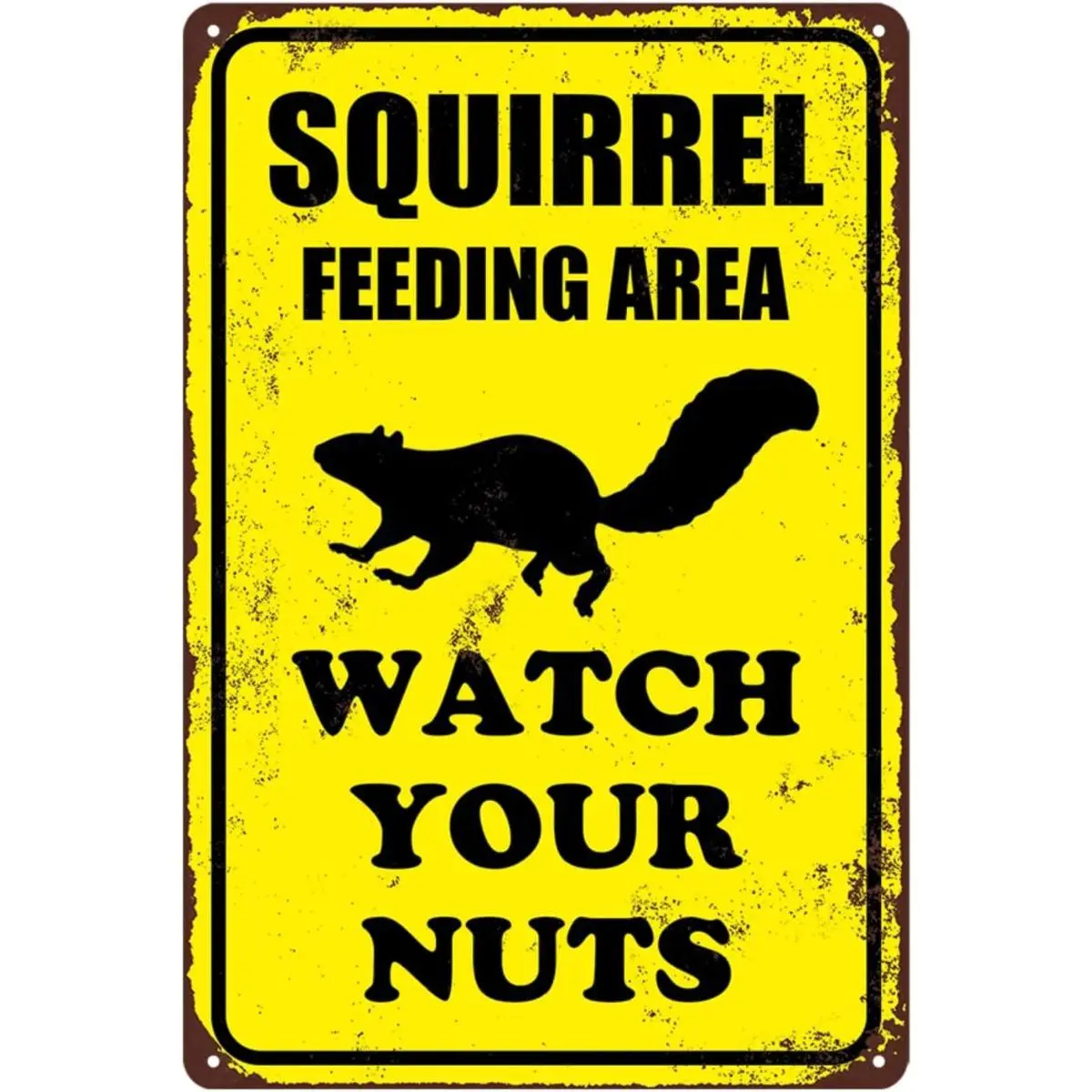 8x12 Inch Vintage Yellow-Black Metal Squirrel Feeding Sign, Funny "Watch Your Nuts" Silhouette Rustic Plaque, Backyard Decor, Novelty Housewarming Gift for Wildlife Lovers