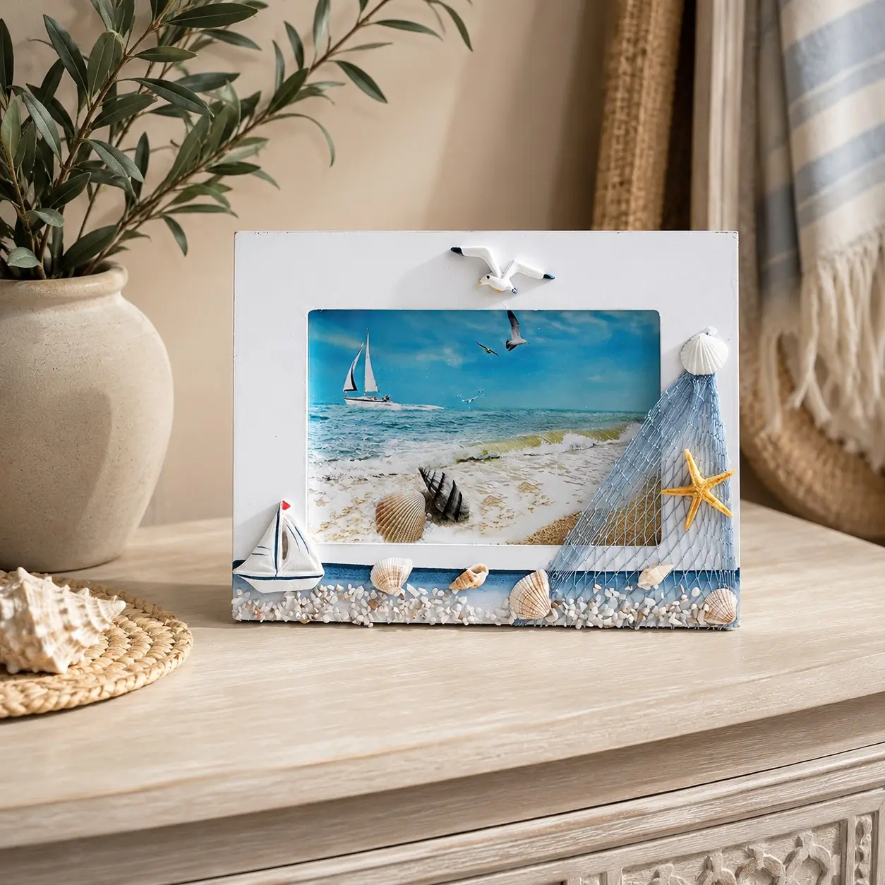6 Inch Ocean Themed Wooden Photo Frame, Mediterranean Style Decorative Picture Display Frame, Cute Whimsical Nautical Home Ornament for Bedroom Interior Decoration