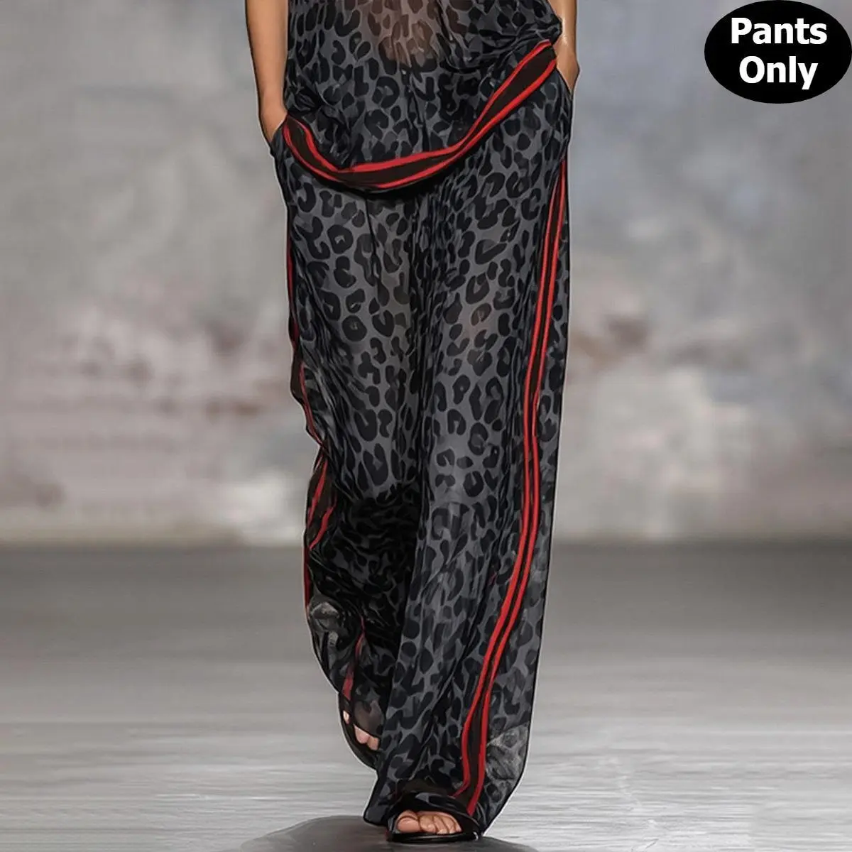 Women's Sporty Leopard Print Wide Leg Pants - Lined Elastic Sheer Stripes Chiffon Fabric Polyester Trousers with Pockets for Outdoor & Evening Wear, Matching Set Available, Casual Soft Lightweight Statement Bottoms