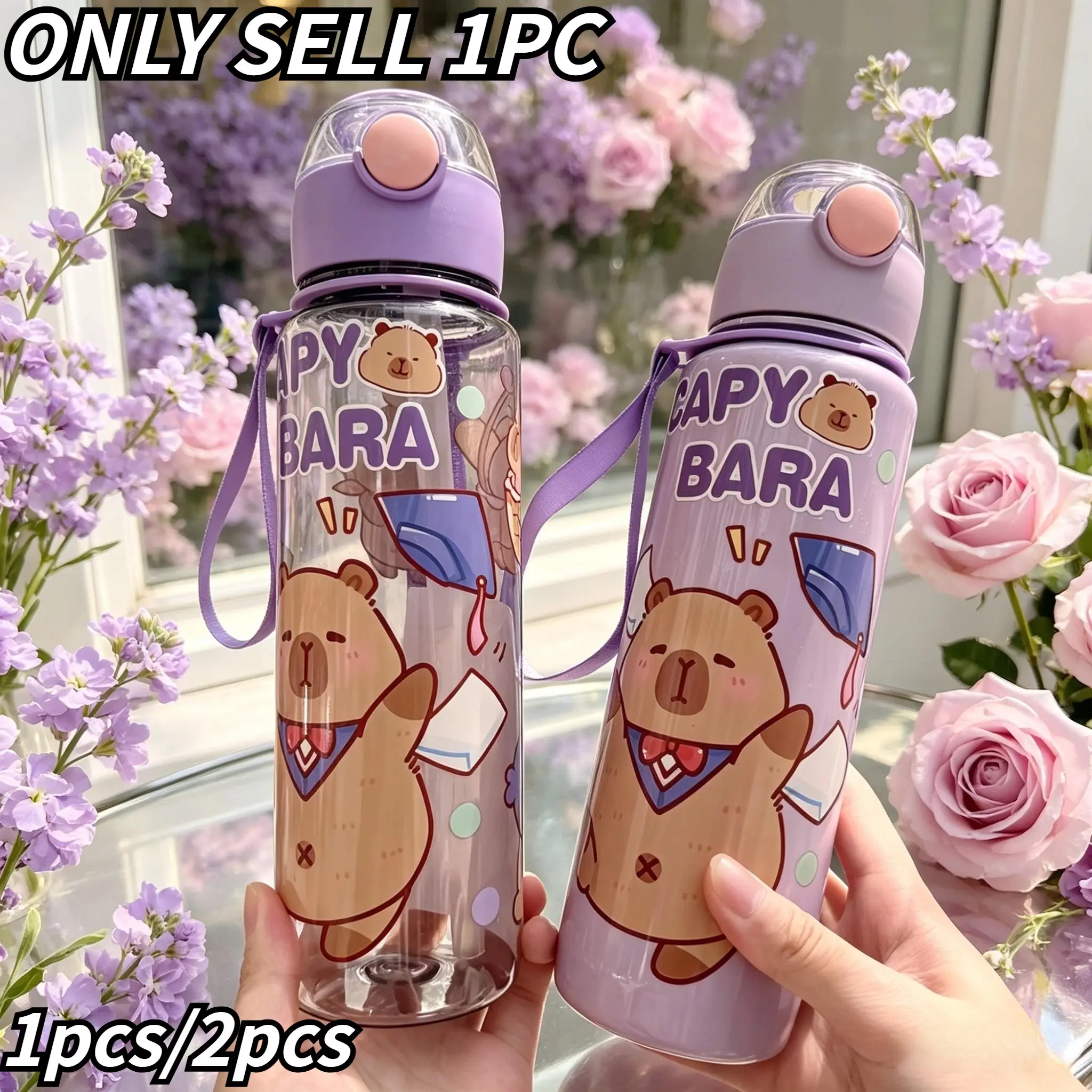 Capybara Print Water Bottle 800ML, Leak-Proof with Straw, Handle, Ideal for Outdoor, Office, School, Gym, Gifts