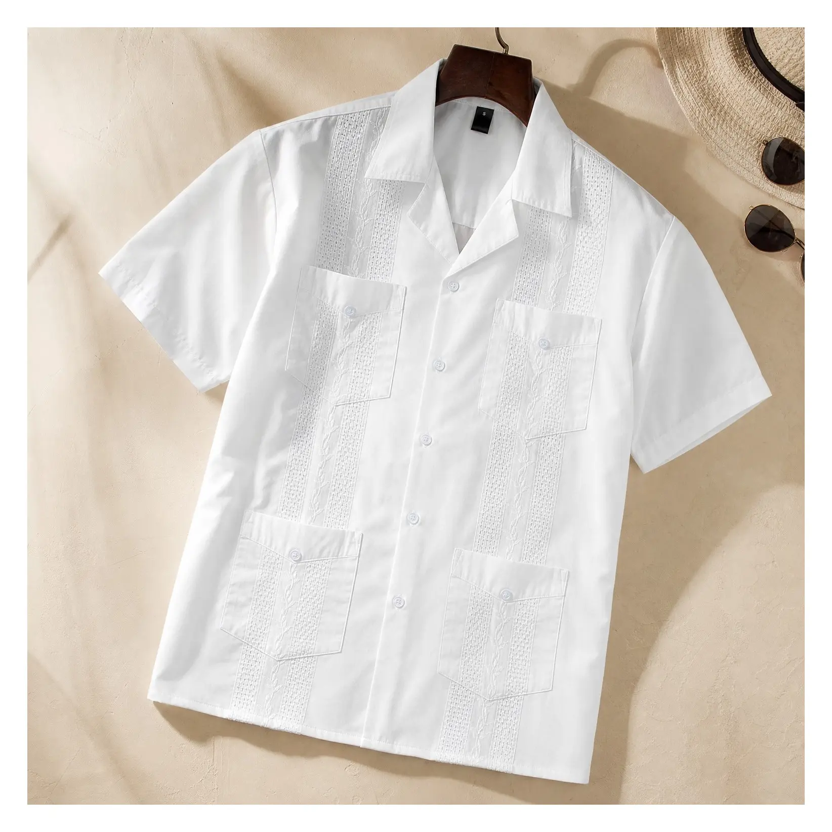 Men's Short Sleeve Button-Down Cuban Guayabera Shirt with Pocket – Camp Collar, Breathable, Embroidered, Casual Stylish Summer Wedding Vacation Hawaiian HolidayGift