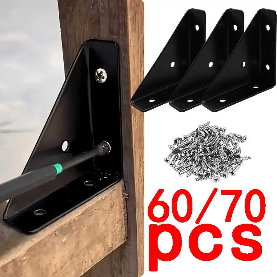 60/70 Iron L-Bracket Set with Screws, 1.3mm Thick 90 Degree Angle Support, Durable Metal Brackets for Furniture, Shelves, Desks