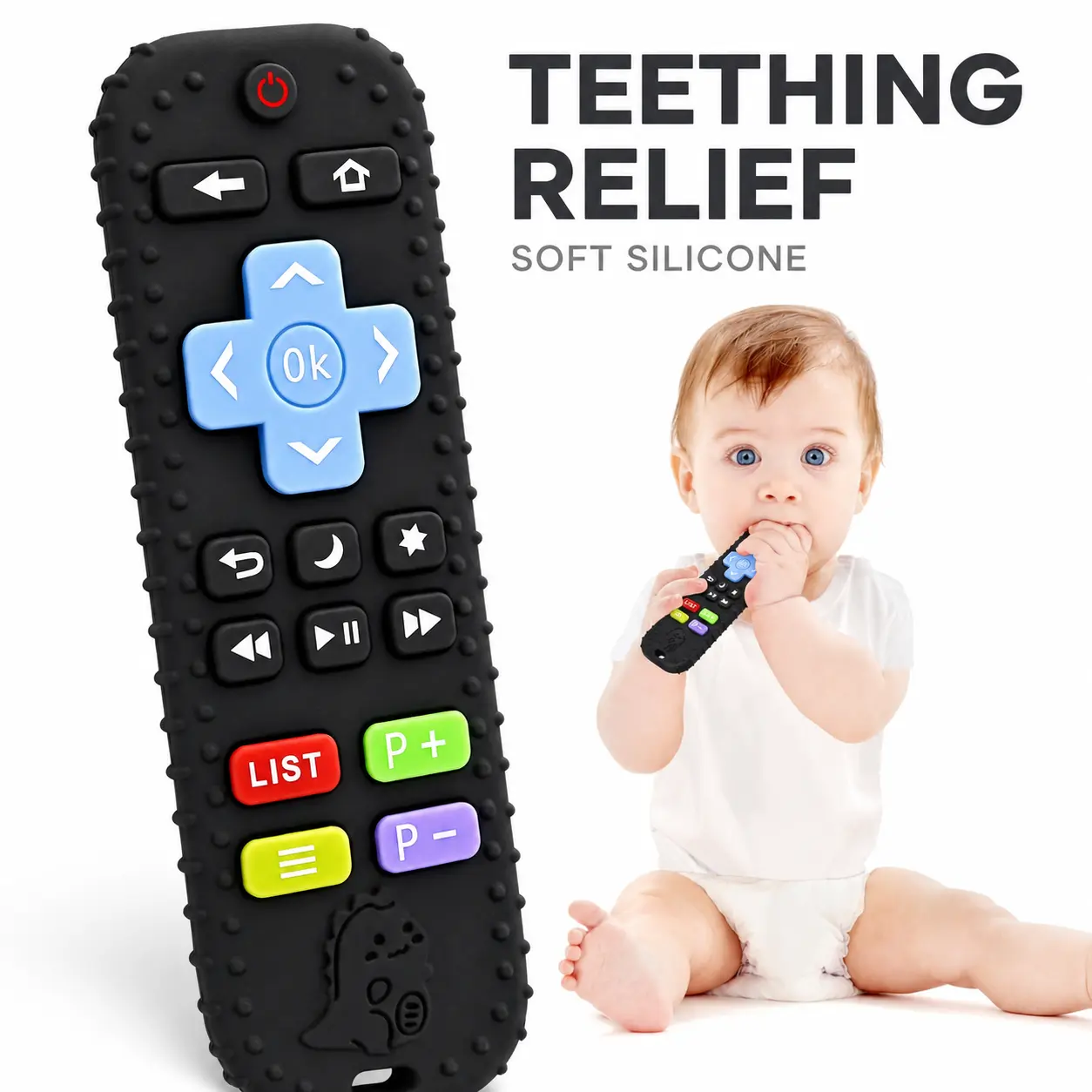 Teething Relief Teethers Toys for Babies 3-6-12 Months Gifts, Food Grade Silicone Sensory Baby Remote Control Teether Bath Toy for Newborn Infant Boy Girl Autism Birthday Christmas Gift, Black