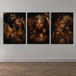 African American Women with  Jewelry Triptych Canvas Wall Art, Moody  Print, Cultural Elegant Decor for Living Room Bedroom Office Hallway, Available as Unframed Canvas Poster or Framed Canvas Wrap
