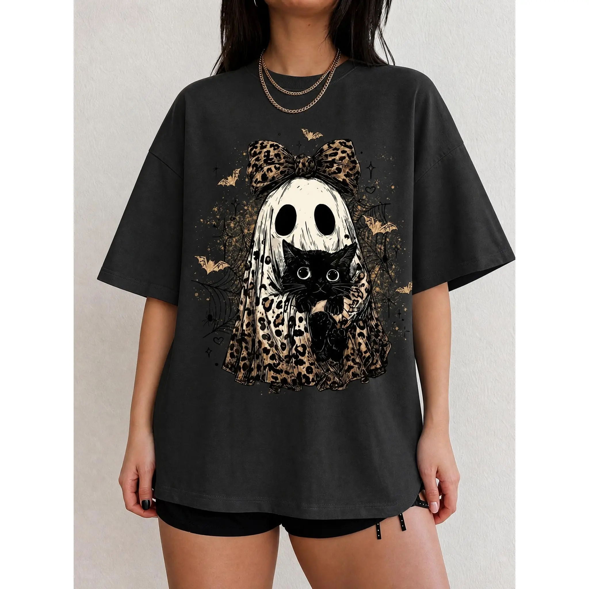 Leopard Ghost Cat Halloween tshirt, Cute Spooky Black Cat Graphic Shirt, Coquette Bow Ghost Fall Outfit