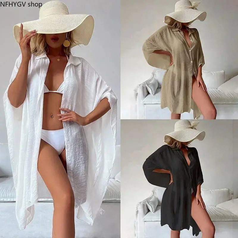 Shirt-Style Beach Cardigan, 2026 New Loose Sun Protection Bikini Cover-Up, Relaxed Cut One Size Swimwear Outerwear For Beach Vacation Resort Pool Daily Casual Outfit Matching