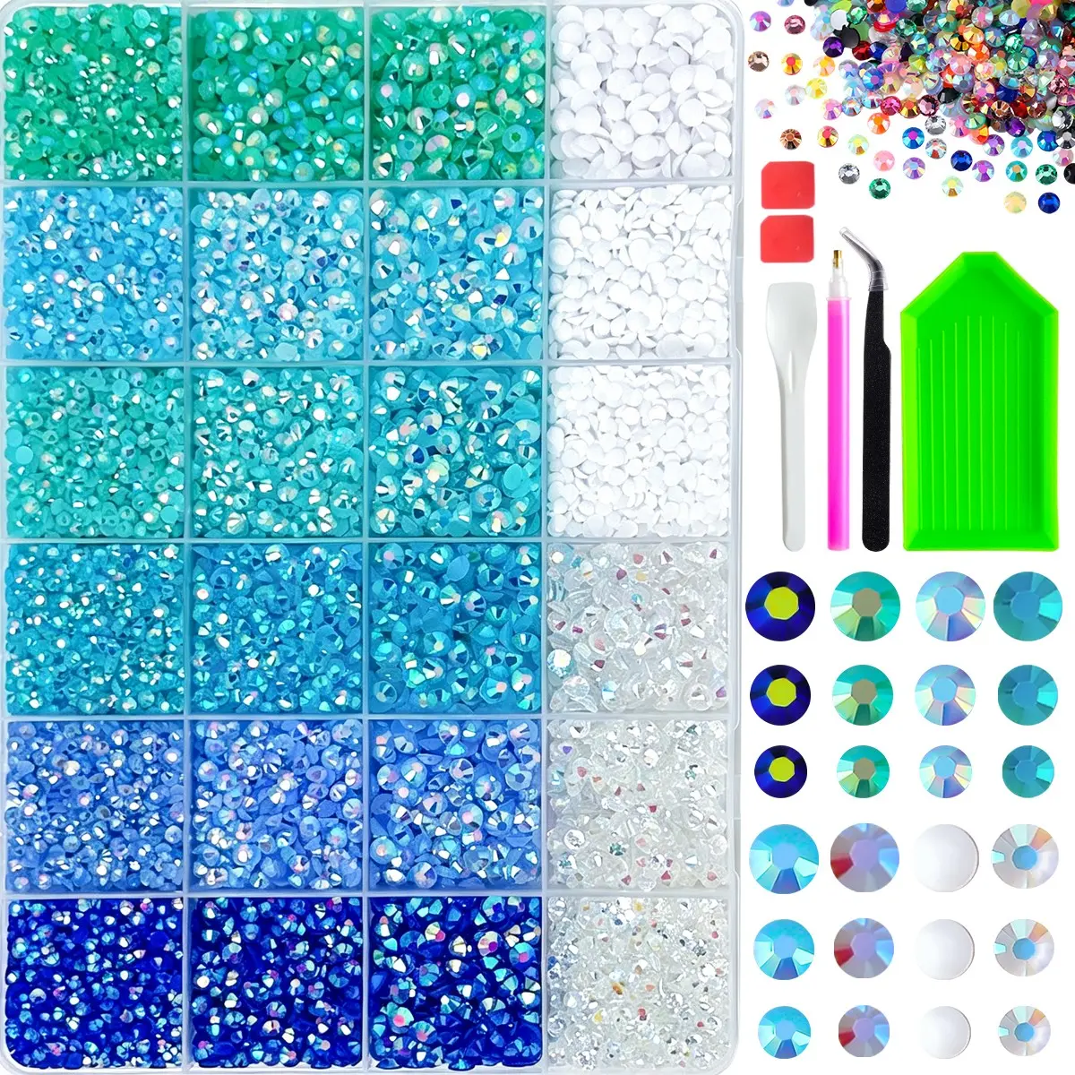 24 Grid 13800+ Mixed Color Ab Rhinestones Set, DIY Craft Kit with Tools, Ideal for Clothing, Shoes, Fabric, Nail Art Decoration，Nail Art Rhinestones / Flatback Crystals / Multi-Color / Pickup Tool