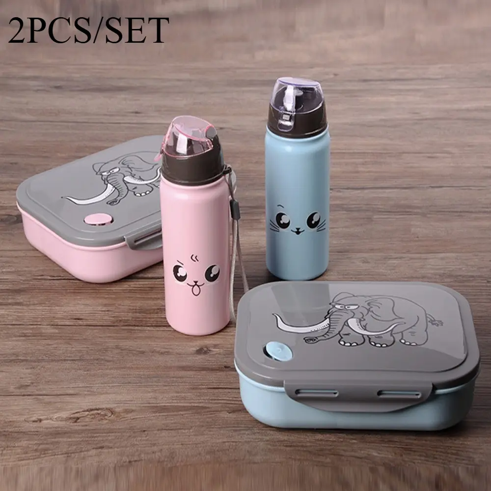 Cartoon Elephant Portable Lunch Box Set with Water Bottle And Spoon - Hand Wash, Plastic, Bento Box Set, lunch container ideal for school, work, or outdoor dining | Secure locking lid, back to school