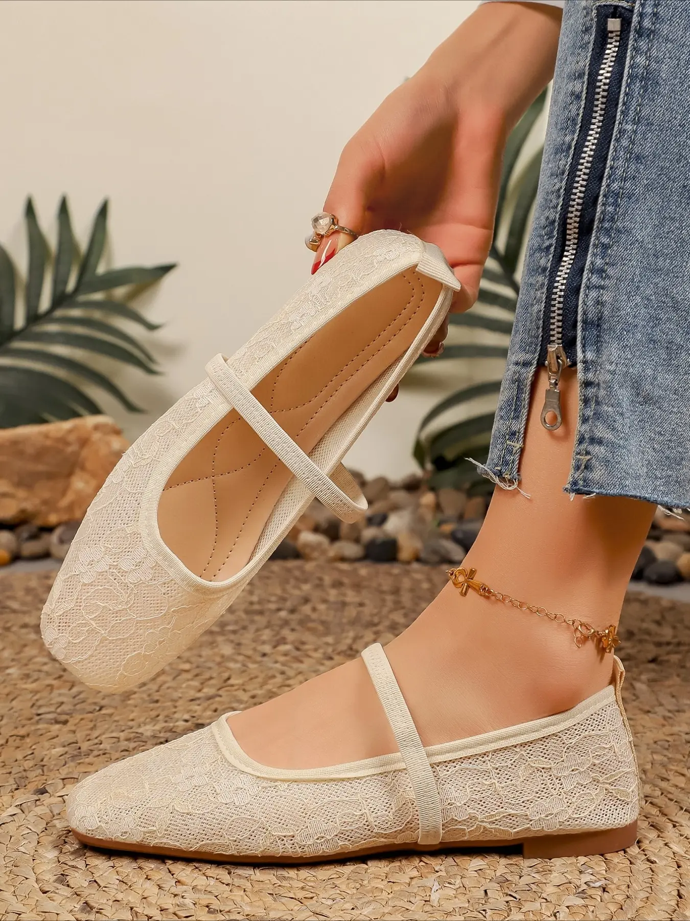 Lace & suede Mary Jane style flats with thin ankle strap, square toe soft flat shoes, two colors available, comfy daily casual women walking footwear