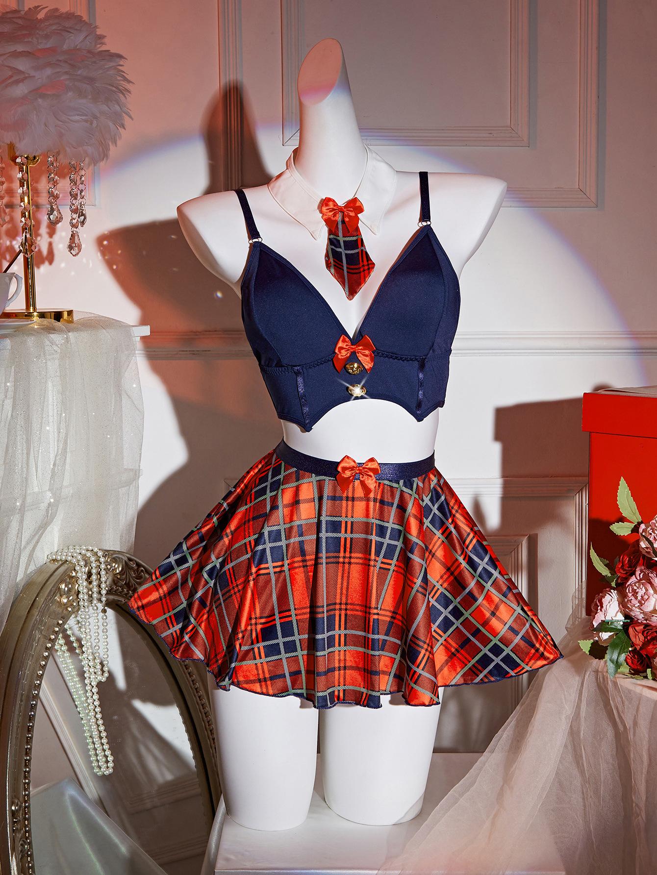 Sexy Schoolgirl Lingerie Set with Plaid Mini Skirt, Red Bow Accents, Collar  & Tie Details | Seductive Crop Top Two-Piece Outfit - TikTok Shop