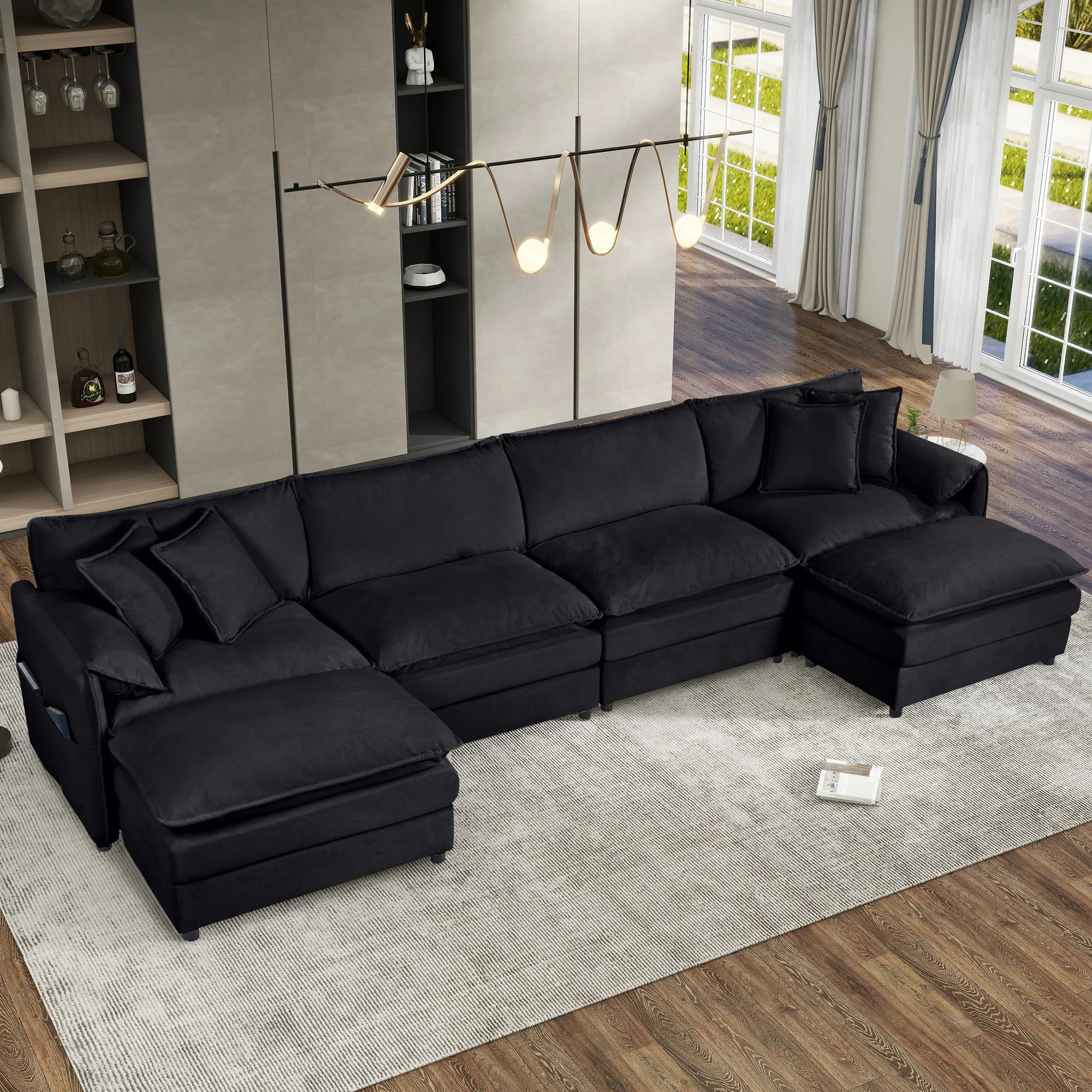 ARCH Modular Sectional Sofa U Shaped Couch Set for Living Room 4 Seater Cloud Couches with 2 Movable Ottomans DIY Combination Chenille Black Deep Seat Furniture, Living Room Furniture for Apartment, Lounge, Family Room, Office and Home Seating