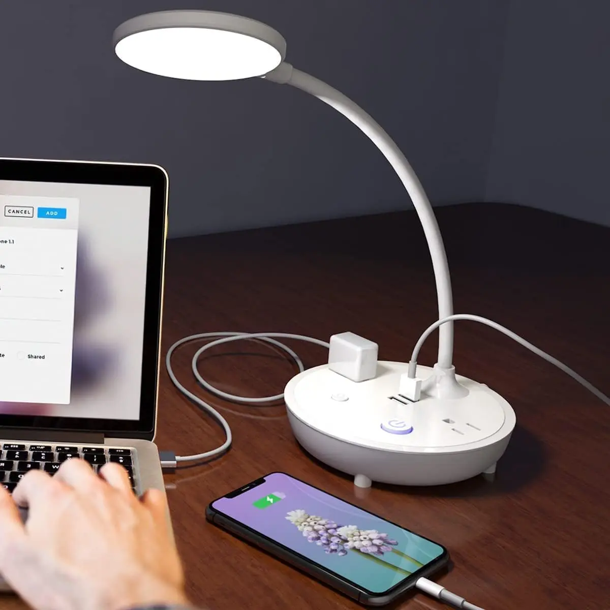 LED Desk Lamp with 2 USB Charging Ports and 2 AC Power Outlets, Adjustable Gooseneck, 3 Level Brightness, Eye-Caring Small Table Lamp for Home Office Dorm